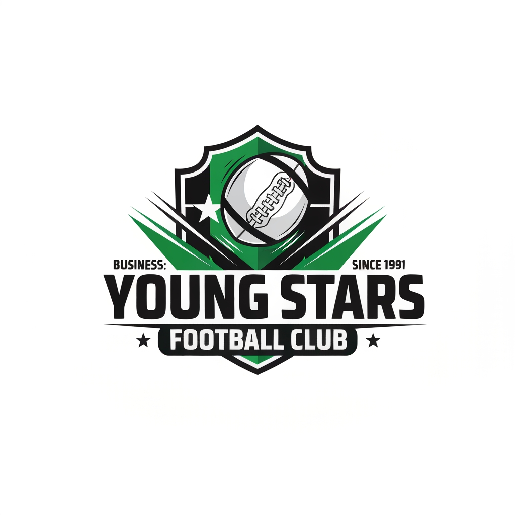 AI Design for Design a professional football club emblem for "Young Stars Football Club."
Business: Football Club
Slogan: "Since 1991"
Use green, black, and white colors.
Include a football, shield, star, and dynamic sports elements.
Typography should be bold, modern, athletic, and professional.
The logo should resemble an authentic football club badge suitable for jerseys, merchandise, stadium branding, and social media.
Flat vector style with a white or transparent background. No gradients, no watermark.