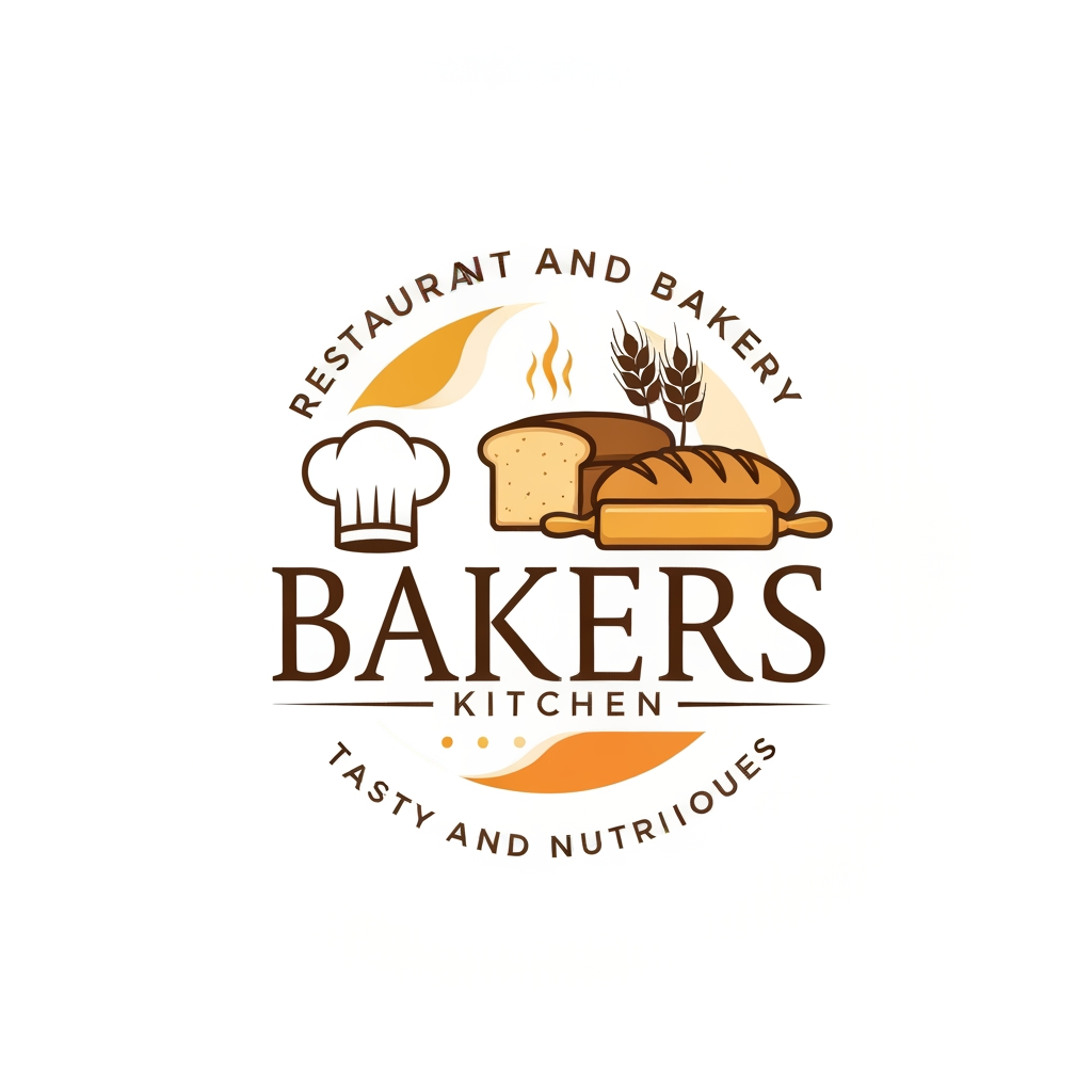 AI Design for Design a warm, elegant, premium vector logo for "Bakers Kitchen."
Business: Restaurant and Bakery
Slogan: "Tasty and Nutritious"
Use warm brown, cream, golden yellow, and soft orange colors.
Include a chef hat, fresh bread loaf, wheat stalks, rolling pin, and subtle steam in a circular composition.
Typography should be elegant, modern, and inviting.
The logo should represent freshness, homemade quality, and delicious food.
Create an original flat vector logo with a white or transparent background. No gradients, no mockups, no watermark. Suitable for restaurant signage, packaging, menus, websites, and social media.