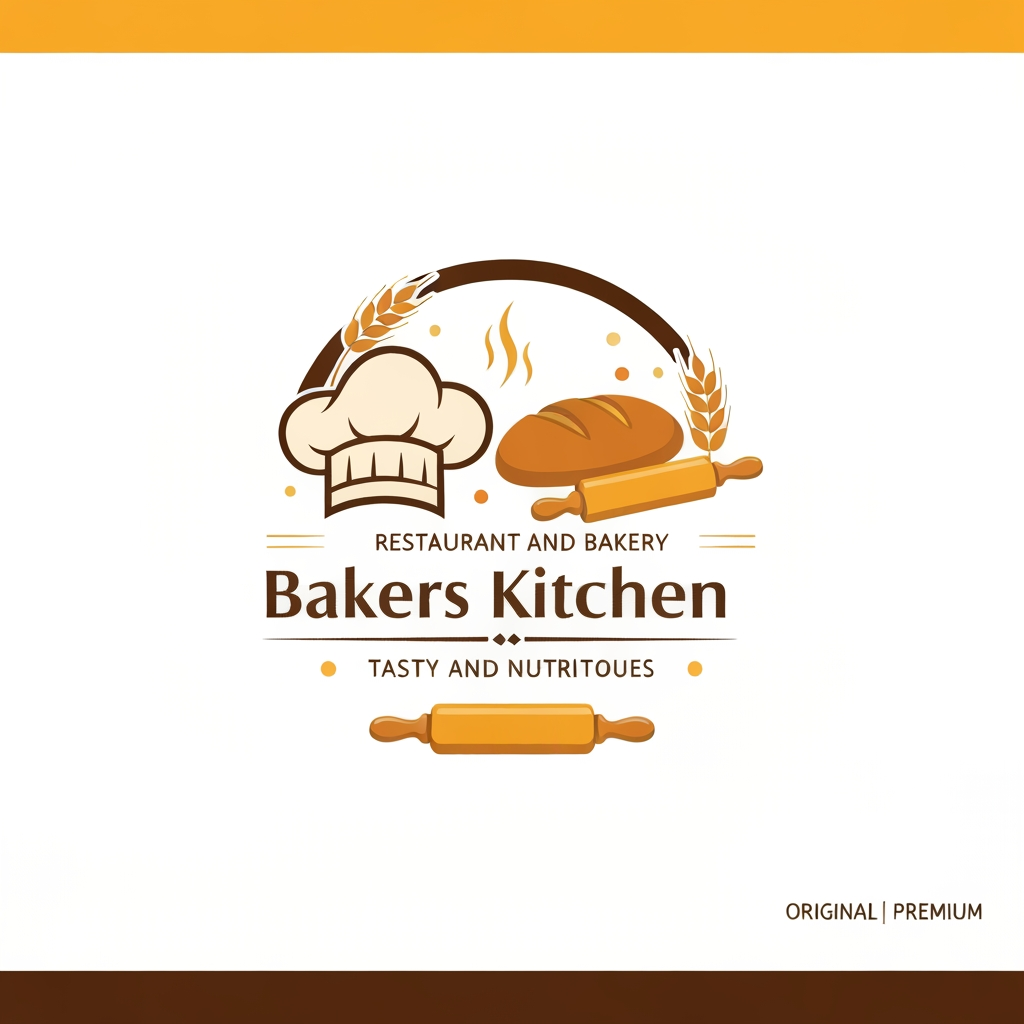 AI Design for Design a warm, elegant, premium vector logo for "Bakers Kitchen."
Business: Restaurant and Bakery
Slogan: "Tasty and Nutritious"
Use warm brown, cream, golden yellow, and soft orange colors.
Include a chef hat, fresh bread loaf, wheat stalks, rolling pin, and subtle steam in a circular composition.
Typography should be elegant, modern, and inviting.
The logo should represent freshness, homemade quality, and delicious food.
Create an original flat vector logo with a white or transparent background. No gradients, no mockups, no watermark. Suitable for restaurant signage, packaging, menus, websites, and social media.