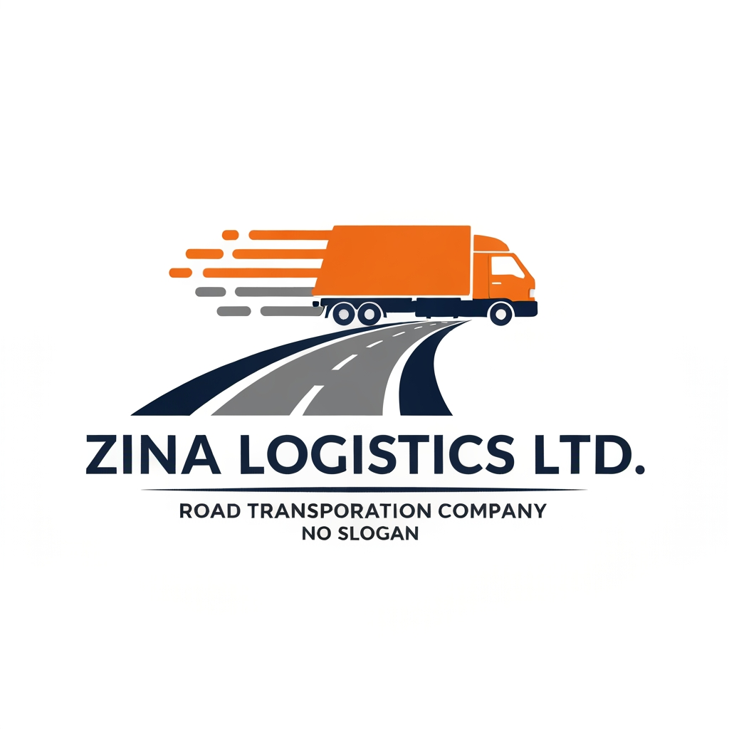 AI Design for Design a premium modern vector logo for "Zina Logistics Ltd."
Business: Road Transportation Company
No slogan.
Use navy blue, orange, and gray colors.
Include a modern delivery truck, highway road transforming into a forward arrow, motion lines, and logistics elements representing speed, transportation, and reliability.
Typography should be bold, clean, and corporate.
Create a flat vector logo with a white or transparent background. No gradients, no mockups, no watermark. Suitable for trucks, websites, uniforms, and logistics branding.
