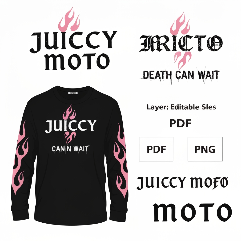 AI Design for Job Title
Vectorize / redraw streetwear brand logos into clean SVG files (JUICCY MOTO)

Overview
I run a motorcycle streetwear brand and I have several AI-generated logo renders that I need converted into clean, production-ready vector files. The renders look good but they're raster images — I need them redrawn as crisp, editable vectors that are perfect at any size (web, print, DTF/screen print, and embroidery digitizing later).

This is redraw / clean-up work, not just an auto-trace. I want smooth, deliberate paths — no jagged edges, no leftover artifacts, letters and shapes properly closed and consistent.

Assets to vectorize
"JUICCY MOTO" main logotype — the stacked gothic/blackletter wordmark (two lines: JUICCY over MOTO). This is the master — all lettering elsewhere should match it.
"DEATH CAN WAIT" tagline — the distressed/scratchy script text.
Tribal flame graphic — the flame design used on the sleeves/sides (single clean version I can mirror/reuse).
"JUICCY" and "MOTO" cuff wordmarks — required. Two separate individual files, one for each word.
Must be on a STRAIGHT horizontal baseline — do NOT curve or arch the text. My reference render shows them slightly curved; I want them straightened out.
Use the exact same gothic lettering from the main logotype (pull the letterforms straight from the JUICCY MOTO logo so they match perfectly — don't redraw separately).
Deliverables (for each asset)
Layered, editable SVG (primary deliverable)
AI or EPS source file
PDF and transparent high-res PNG
Two colour versions of each: 1) full pink/rose colour as shown, and 2) solid single-colour black version.
Requirements
Clean, hand-refined vector paths — must look sharp when zoomed all the way in.
Recreate the exact custom letterforms and flame shapes — don't just substitute a similar font.
Files organised and named clearly, colours grouped/labeled.
Keep the exact pink/rose tones from my renders (I'll provide hex values or you can colour-pick).
What I'll provide
High-resolution source renders of each logo (including a clean isolated version of the main logotype on black).
Brand colour references.
Ideal freelancer
Strong portfolio of logo vectorization / redraw work (please show before/after examples).
Streetwear / apparel graphics experience a plus.
