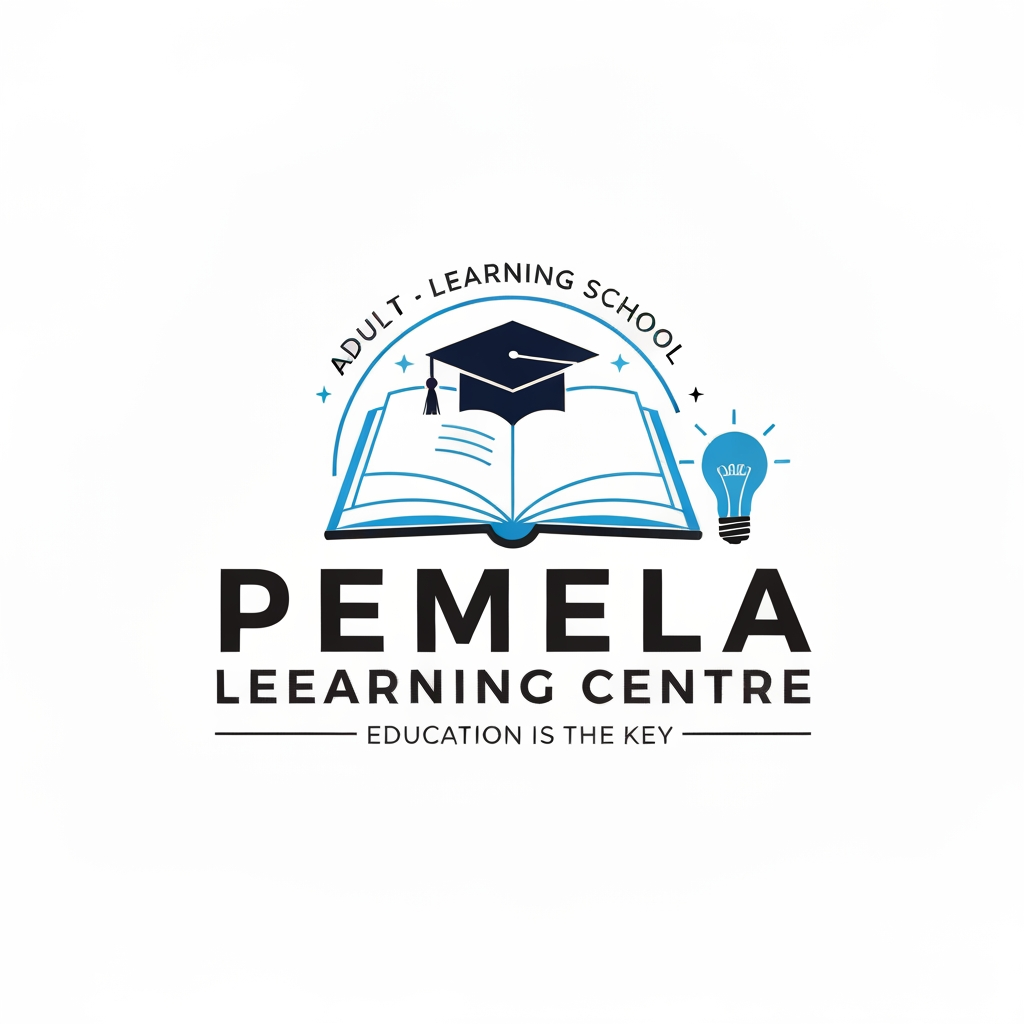 AI Design for Design a modern, elegant, and professional vector logo for "Pemela Learning Centre."
Business: Adult Learning School
Slogan: "Education is the Key"
Use blue, white, and black colors.
Include an open book, graduation cap, glowing light bulb, and modern educational elements.
Typography should be clean, friendly, and professional.
The logo should represent knowledge, growth, education, and lifelong learning.
Flat vector style, minimalist design, white or transparent background, no gradients, no watermark, scalable for websites, stationery, uniforms, and educational branding.