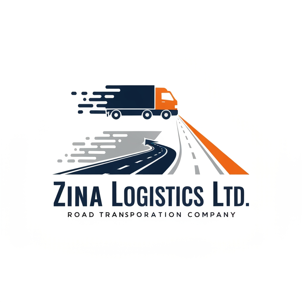 AI Design for Design a premium modern vector logo for "Zina Logistics Ltd."
Business: Road Transportation Company
No slogan.
Use navy blue, orange, and gray colors.
Include a modern delivery truck, highway road transforming into a forward arrow, motion lines, and logistics elements representing speed, transportation, and reliability.
Typography should be bold, clean, and corporate.
Create a flat vector logo with a white or transparent background. No gradients, no mockups, no watermark. Suitable for trucks, websites, uniforms, and logistics branding.