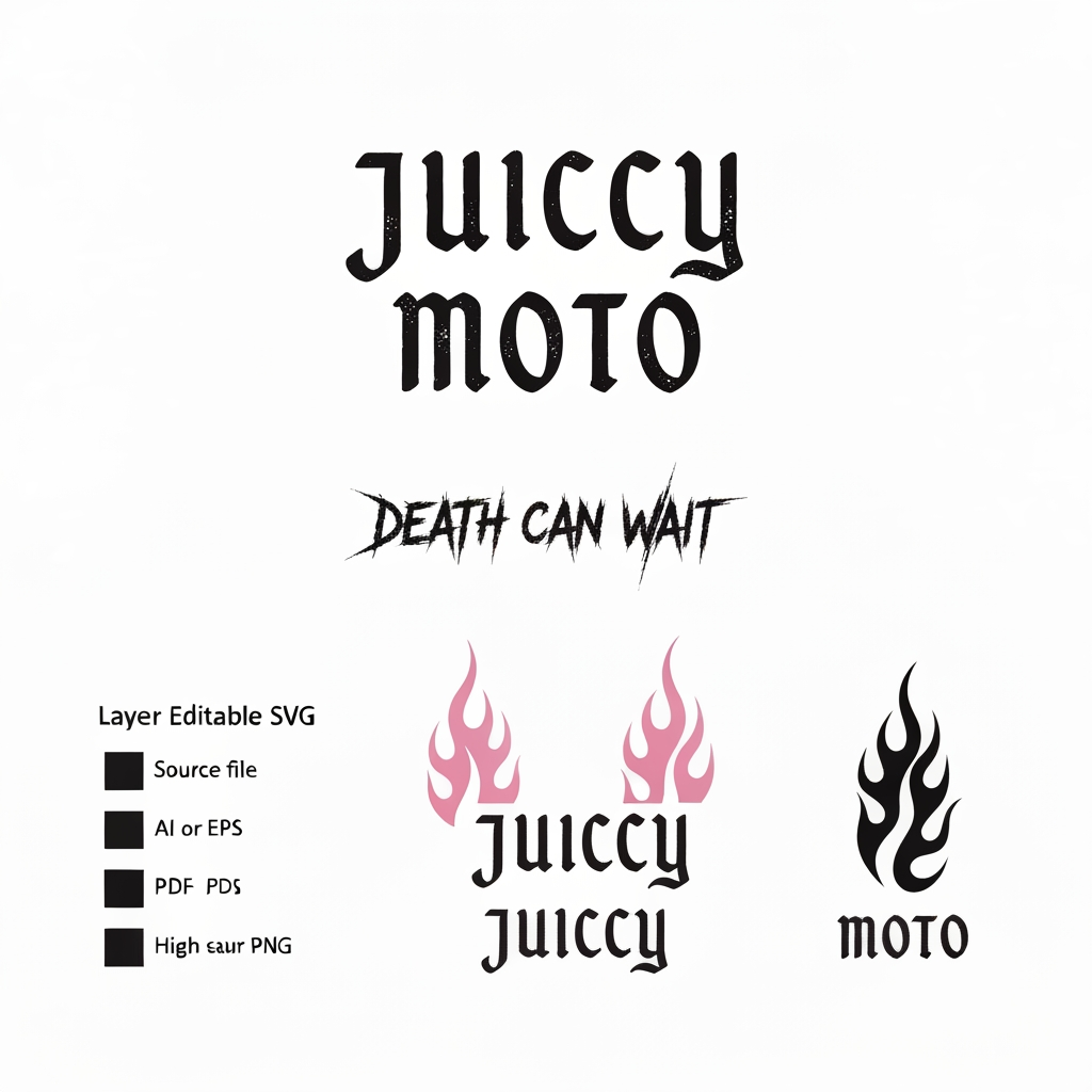 AI Design for Job Title
Vectorize / redraw streetwear brand logos into clean SVG files (JUICCY MOTO)

Overview
I run a motorcycle streetwear brand and I have several AI-generated logo renders that I need converted into clean, production-ready vector files. The renders look good but they're raster images — I need them redrawn as crisp, editable vectors that are perfect at any size (web, print, DTF/screen print, and embroidery digitizing later).

This is redraw / clean-up work, not just an auto-trace. I want smooth, deliberate paths — no jagged edges, no leftover artifacts, letters and shapes properly closed and consistent.

Assets to vectorize
"JUICCY MOTO" main logotype — the stacked gothic/blackletter wordmark (two lines: JUICCY over MOTO). This is the master — all lettering elsewhere should match it.
"DEATH CAN WAIT" tagline — the distressed/scratchy script text.
Tribal flame graphic — the flame design used on the sleeves/sides (single clean version I can mirror/reuse).
"JUICCY" and "MOTO" cuff wordmarks — required. Two separate individual files, one for each word.
Must be on a STRAIGHT horizontal baseline — do NOT curve or arch the text. My reference render shows them slightly curved; I want them straightened out.
Use the exact same gothic lettering from the main logotype (pull the letterforms straight from the JUICCY MOTO logo so they match perfectly — don't redraw separately).
Deliverables (for each asset)
Layered, editable SVG (primary deliverable)
AI or EPS source file
PDF and transparent high-res PNG
Two colour versions of each: 1) full pink/rose colour as shown, and 2) solid single-colour black version.
Requirements
Clean, hand-refined vector paths — must look sharp when zoomed all the way in.
Recreate the exact custom letterforms and flame shapes — don't just substitute a similar font.
Files organised and named clearly, colours grouped/labeled.
Keep the exact pink/rose tones from my renders (I'll provide hex values or you can colour-pick).
What I'll provide
High-resolution source renders of each logo (including a clean isolated version of the main logotype on black).
Brand colour references.
Ideal freelancer
Strong portfolio of logo vectorization / redraw work (please show before/after examples).
Streetwear / apparel graphics experience a plus.