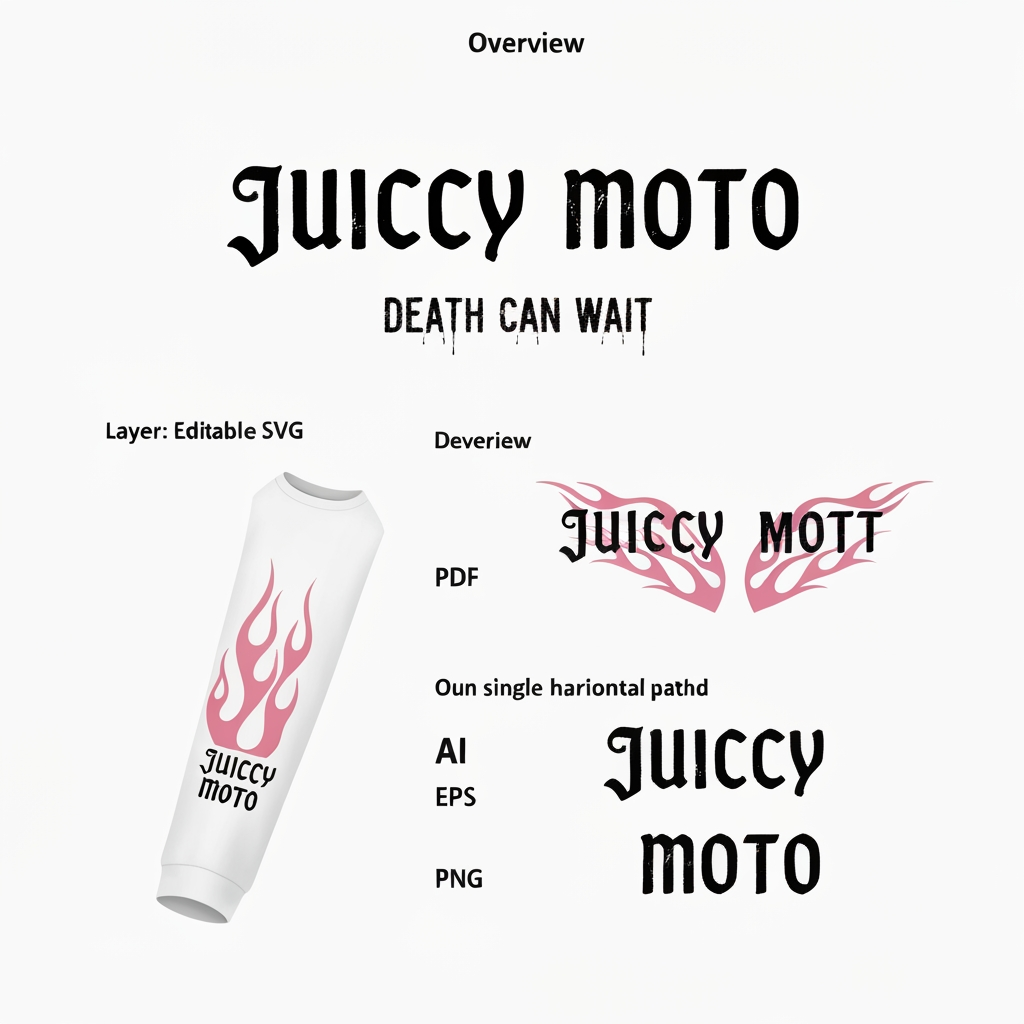 AI Design for Job Title
Vectorize / redraw streetwear brand logos into clean SVG files (JUICCY MOTO)

Overview
I run a motorcycle streetwear brand and I have several AI-generated logo renders that I need converted into clean, production-ready vector files. The renders look good but they're raster images — I need them redrawn as crisp, editable vectors that are perfect at any size (web, print, DTF/screen print, and embroidery digitizing later).

This is redraw / clean-up work, not just an auto-trace. I want smooth, deliberate paths — no jagged edges, no leftover artifacts, letters and shapes properly closed and consistent.

Assets to vectorize
"JUICCY MOTO" main logotype — the stacked gothic/blackletter wordmark (two lines: JUICCY over MOTO). This is the master — all lettering elsewhere should match it.
"DEATH CAN WAIT" tagline — the distressed/scratchy script text.
Tribal flame graphic — the flame design used on the sleeves/sides (single clean version I can mirror/reuse).
"JUICCY" and "MOTO" cuff wordmarks — required. Two separate individual files, one for each word.
Must be on a STRAIGHT horizontal baseline — do NOT curve or arch the text. My reference render shows them slightly curved; I want them straightened out.
Use the exact same gothic lettering from the main logotype (pull the letterforms straight from the JUICCY MOTO logo so they match perfectly — don't redraw separately).
Deliverables (for each asset)
Layered, editable SVG (primary deliverable)
AI or EPS source file
PDF and transparent high-res PNG
Two colour versions of each: 1) full pink/rose colour as shown, and 2) solid single-colour black version.
Requirements
Clean, hand-refined vector paths — must look sharp when zoomed all the way in.
Recreate the exact custom letterforms and flame shapes — don't just substitute a similar font.
Files organised and named clearly, colours grouped/labeled.
Keep the exact pink/rose tones from my renders (I'll provide hex values or you can colour-pick).
What I'll provide
High-resolution source renders of each logo (including a clean isolated version of the main logotype on black).
Brand colour references.
Ideal freelancer
Strong portfolio of logo vectorization / redraw work (please show before/after examples).
Streetwear / apparel graphics experience a plus.