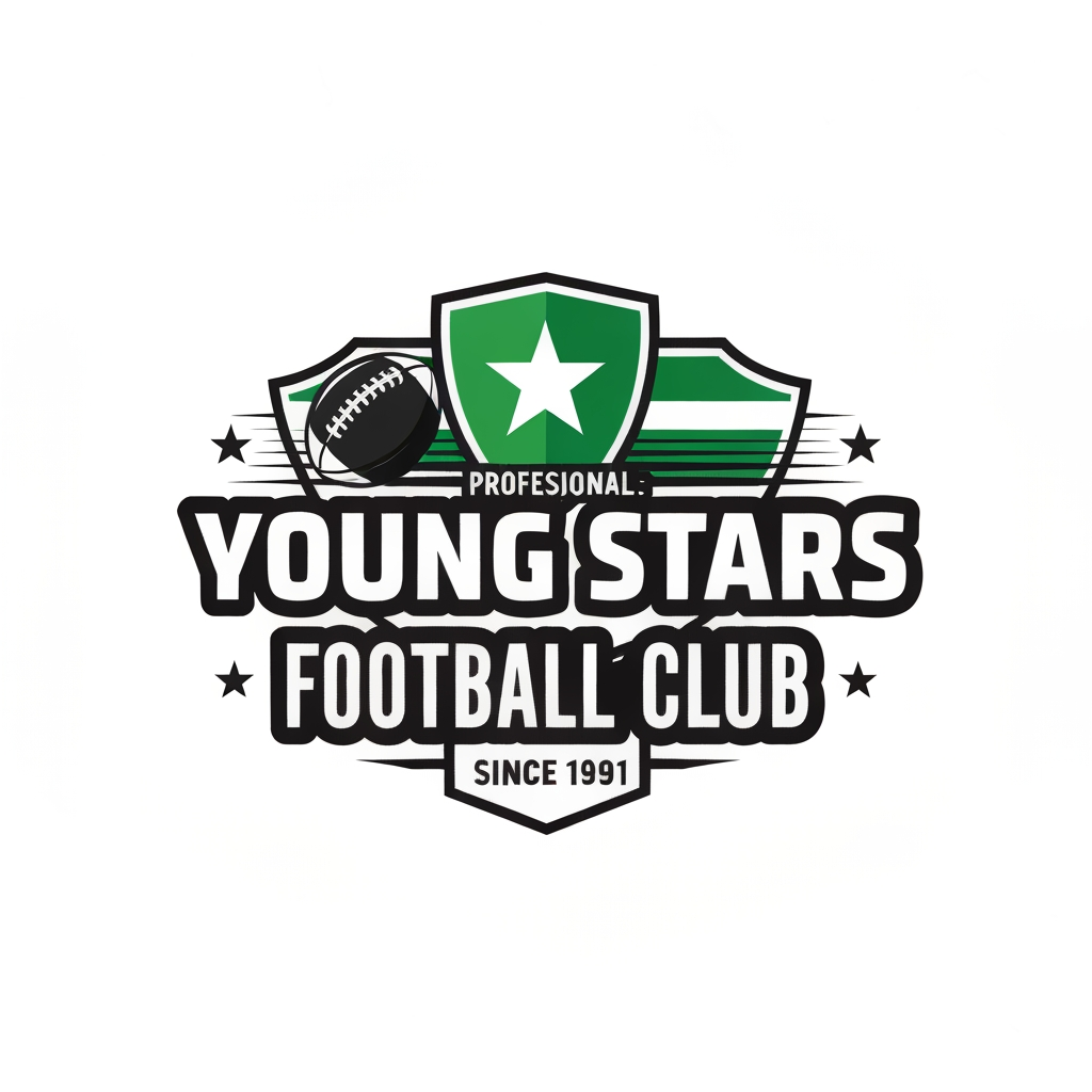 AI Design for Design a professional football club emblem for "Young Stars Football Club."
Business: Football Club
Slogan: "Since 1991"
Use green, black, and white colors.
Include a football, shield, star, and dynamic sports elements.
Typography should be bold, modern, athletic, and professional.
The logo should resemble an authentic football club badge suitable for jerseys, merchandise, stadium branding, and social media.
Flat vector style with a white or transparent background. No gradients, no watermark.
