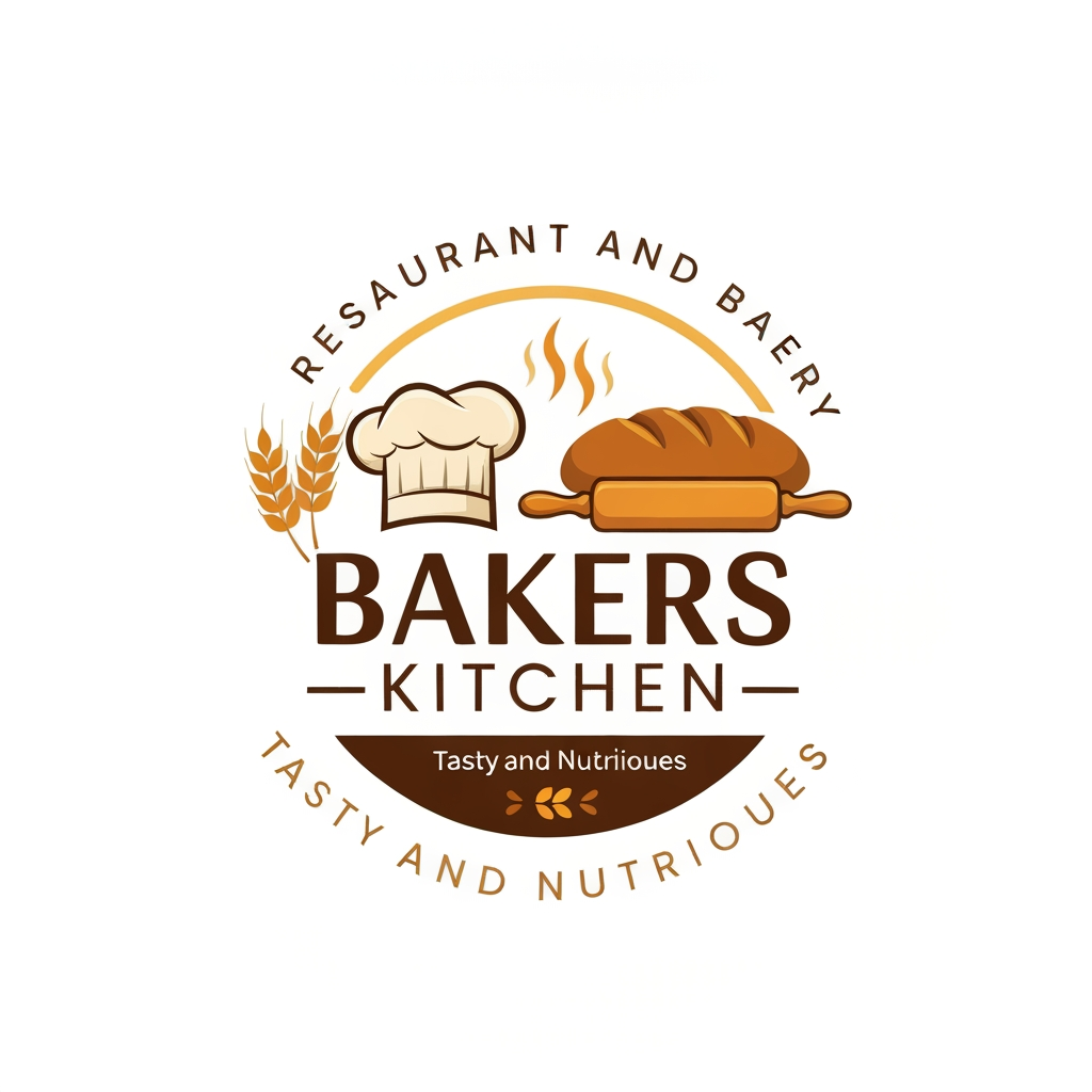 AI Design for Design a warm, elegant, premium vector logo for "Bakers Kitchen."
Business: Restaurant and Bakery
Slogan: "Tasty and Nutritious"
Use warm brown, cream, golden yellow, and soft orange colors.
Include a chef hat, fresh bread loaf, wheat stalks, rolling pin, and subtle steam in a circular composition.
Typography should be elegant, modern, and inviting.
The logo should represent freshness, homemade quality, and delicious food.
Create an original flat vector logo with a white or transparent background. No gradients, no mockups, no watermark. Suitable for restaurant signage, packaging, menus, websites, and social media.