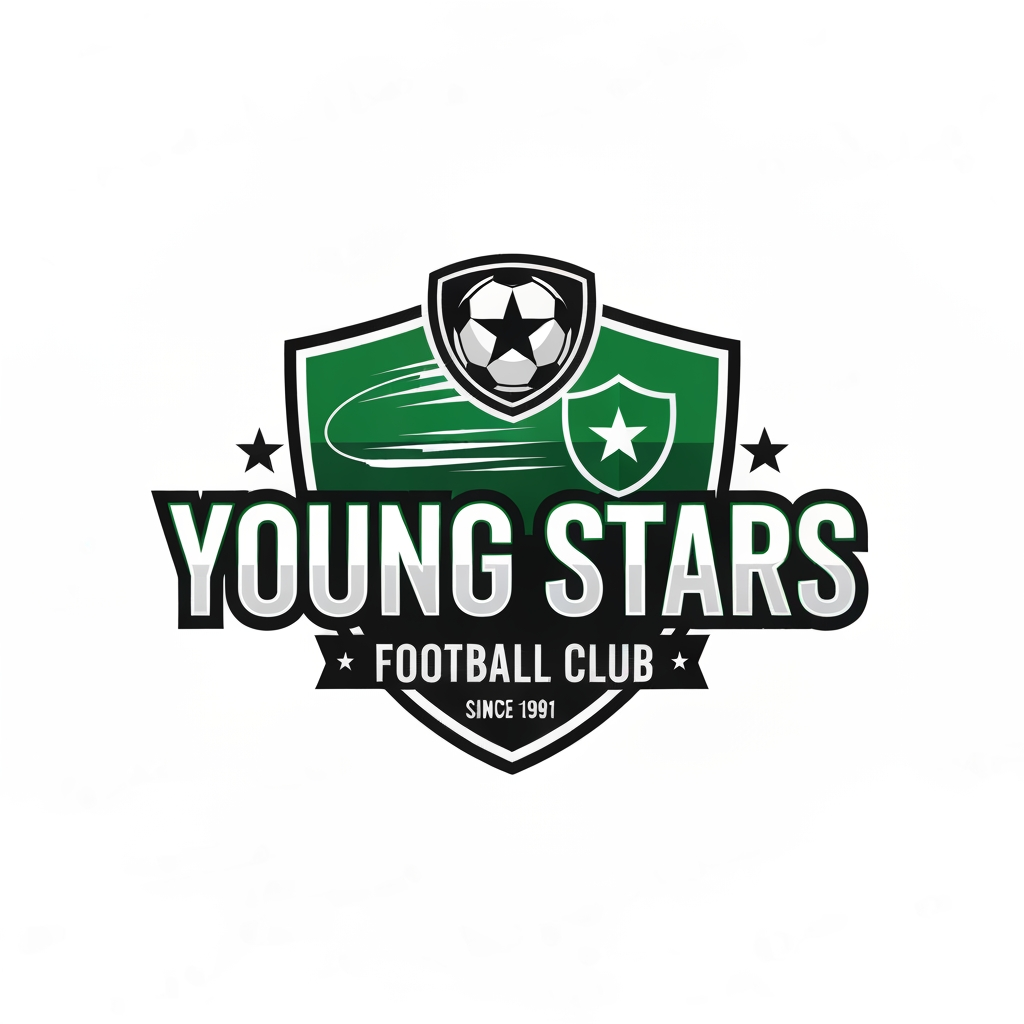 AI Design for Design a professional football club emblem for "Young Stars Football Club."
Business: Football Club
Slogan: "Since 1991"
Use green, black, and white colors.
Include a football, shield, star, and dynamic sports elements.
Typography should be bold, modern, athletic, and professional.
The logo should resemble an authentic football club badge suitable for jerseys, merchandise, stadium branding, and social media.
Flat vector style with a white or transparent background. No gradients, no watermark.