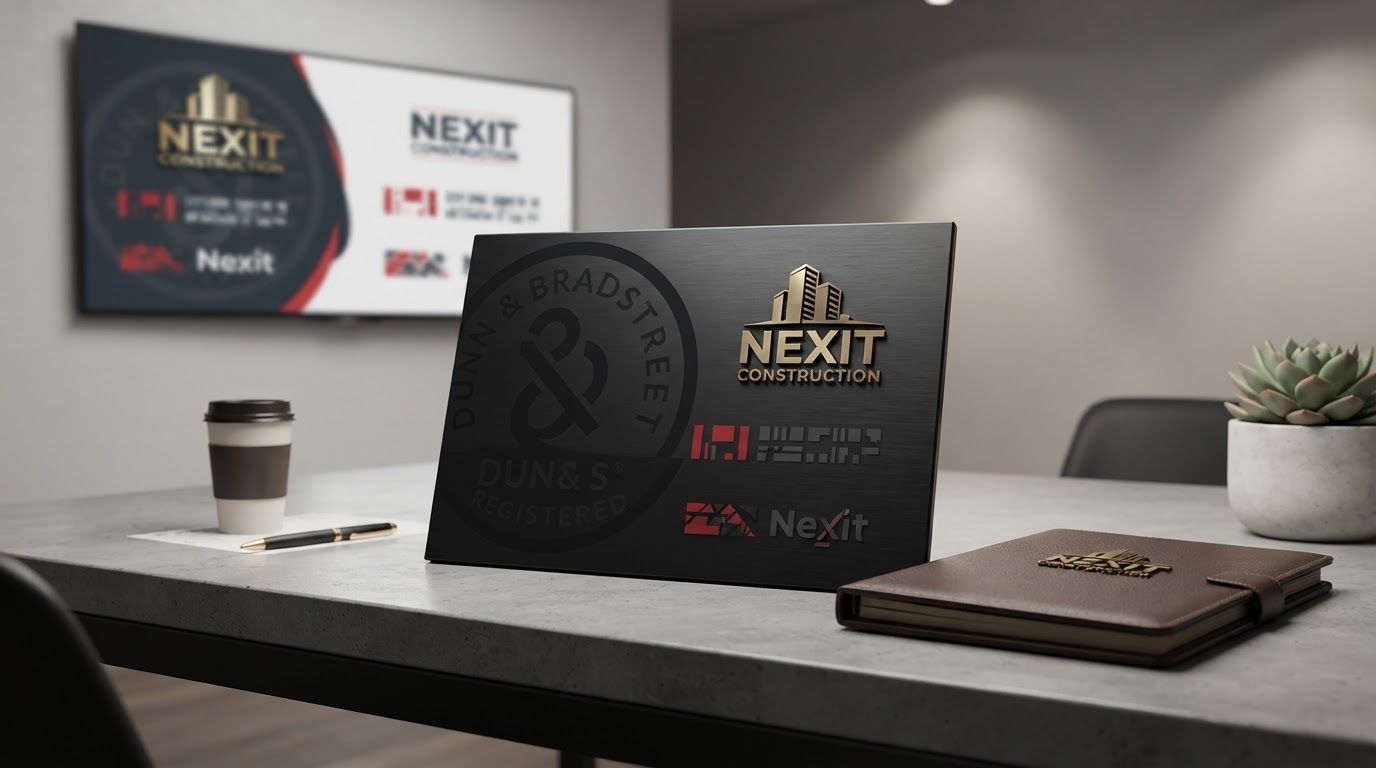 AI Design for Client presentation mockup for brand. Polished scene showing the design direction applied to a realistic surface, screen, poster, or object, premium agency presentation style, no readable placeholder text.
Incorporate the attached brand element reference image (Reference A: brand element "Nexit Construction Logo Design") into the composition where natural — preserve the depicted brand element's appearance.