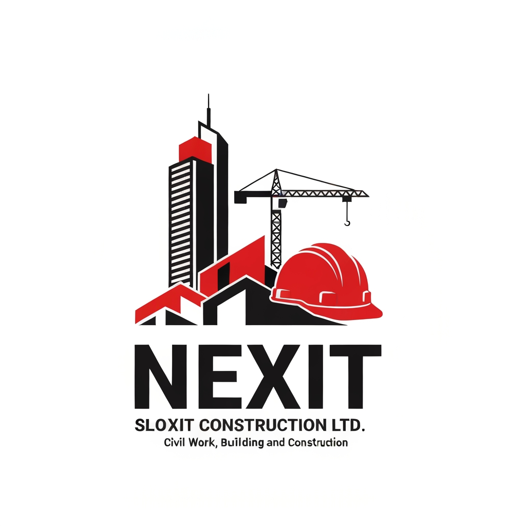 AI Design for Create a clean, original vector logo only (no mockups, no business cards, no stationery, no presentation). Company Name: Nexit Construction Ltd. Slogan: Reliability and Excellence. Business: Civil Work, Building and Construction. Use a modern skyscraper, construction crane, safety helmet, and geometric architectural shapes. Color palette: red, black, and white. Professional, premium, minimalist, flat vector style. White transparent background. Bold modern typography. Square 1200x1200 logo only.