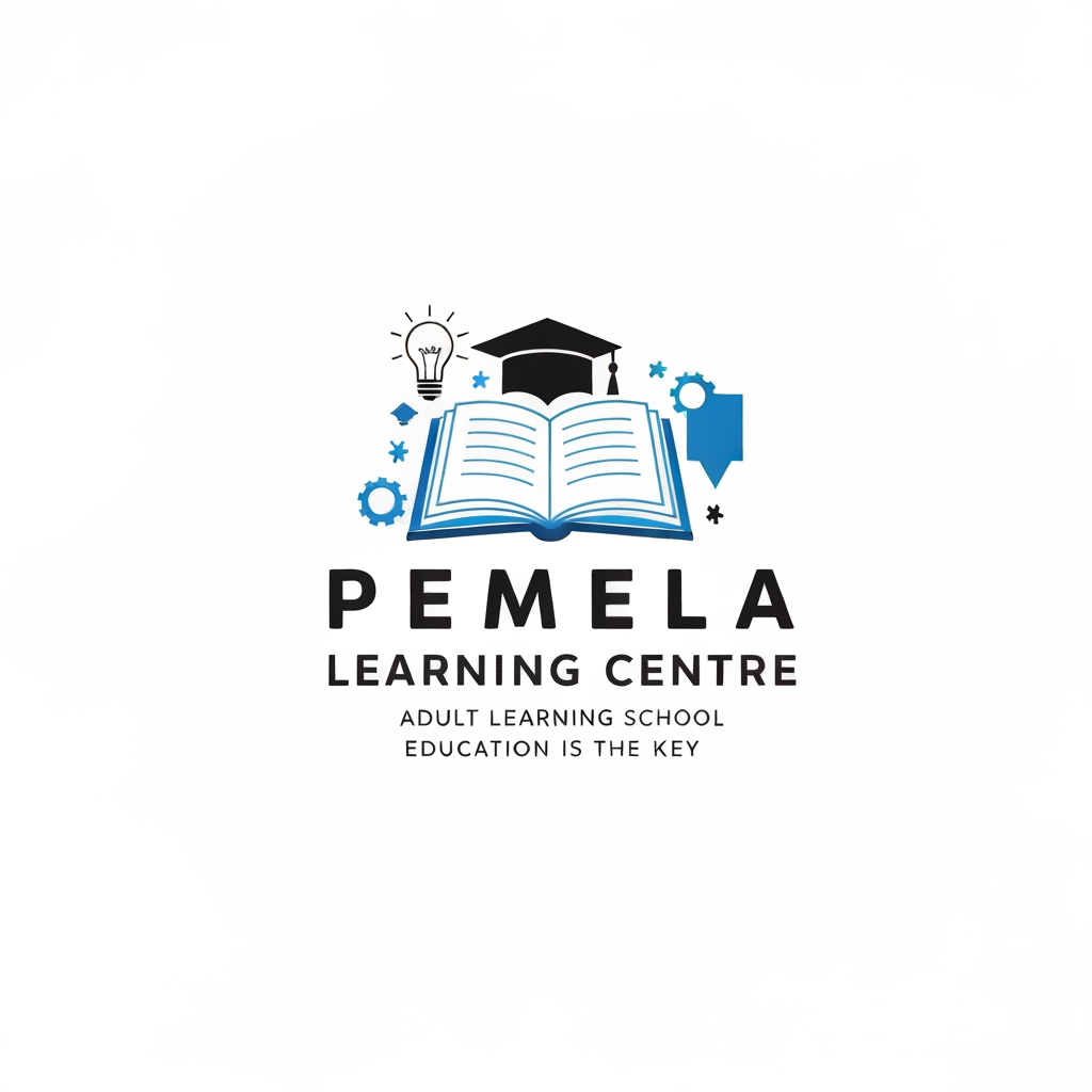 AI Design for Design a modern, elegant, and professional vector logo for "Pemela Learning Centre."
Business: Adult Learning School
Slogan: "Education is the Key"
Use blue, white, and black colors.
Include an open book, graduation cap, glowing light bulb, and modern educational elements.
Typography should be clean, friendly, and professional.
The logo should represent knowledge, growth, education, and lifelong learning.
Flat vector style, minimalist design, white or transparent background, no gradients, no watermark, scalable for websites, stationery, uniforms, and educational branding.