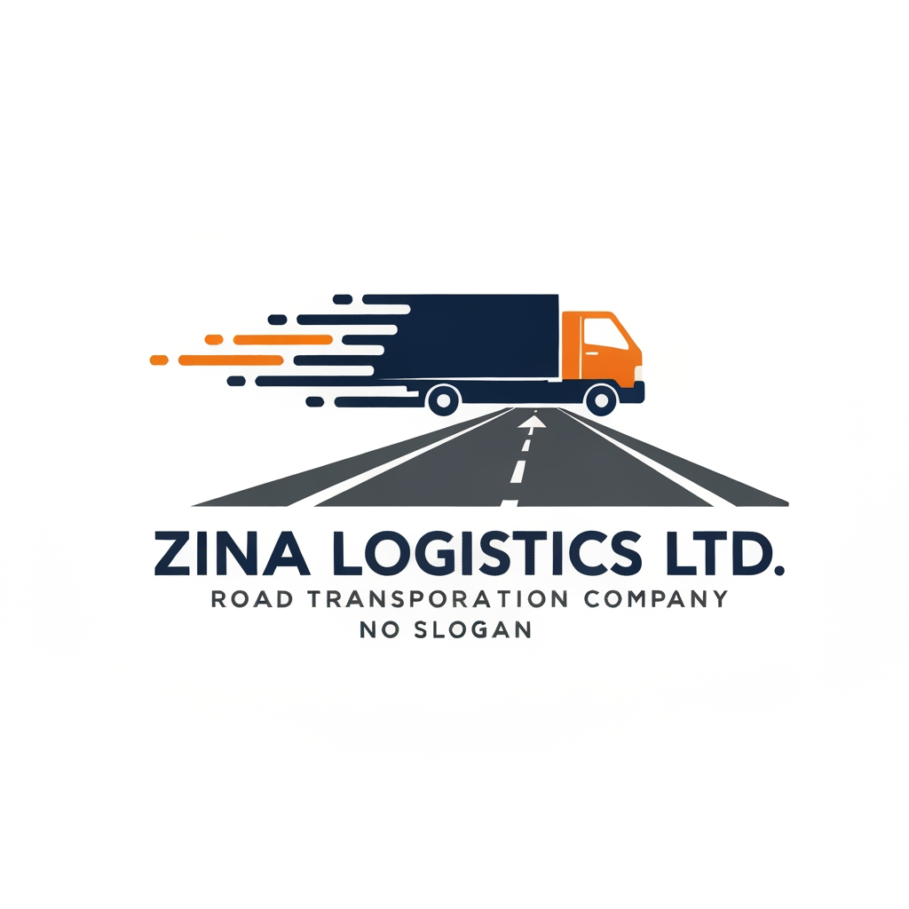 AI Design for Design a premium modern vector logo for "Zina Logistics Ltd."
Business: Road Transportation Company
No slogan.
Use navy blue, orange, and gray colors.
Include a modern delivery truck, highway road transforming into a forward arrow, motion lines, and logistics elements representing speed, transportation, and reliability.
Typography should be bold, clean, and corporate.
Create a flat vector logo with a white or transparent background. No gradients, no mockups, no watermark. Suitable for trucks, websites, uniforms, and logistics branding.