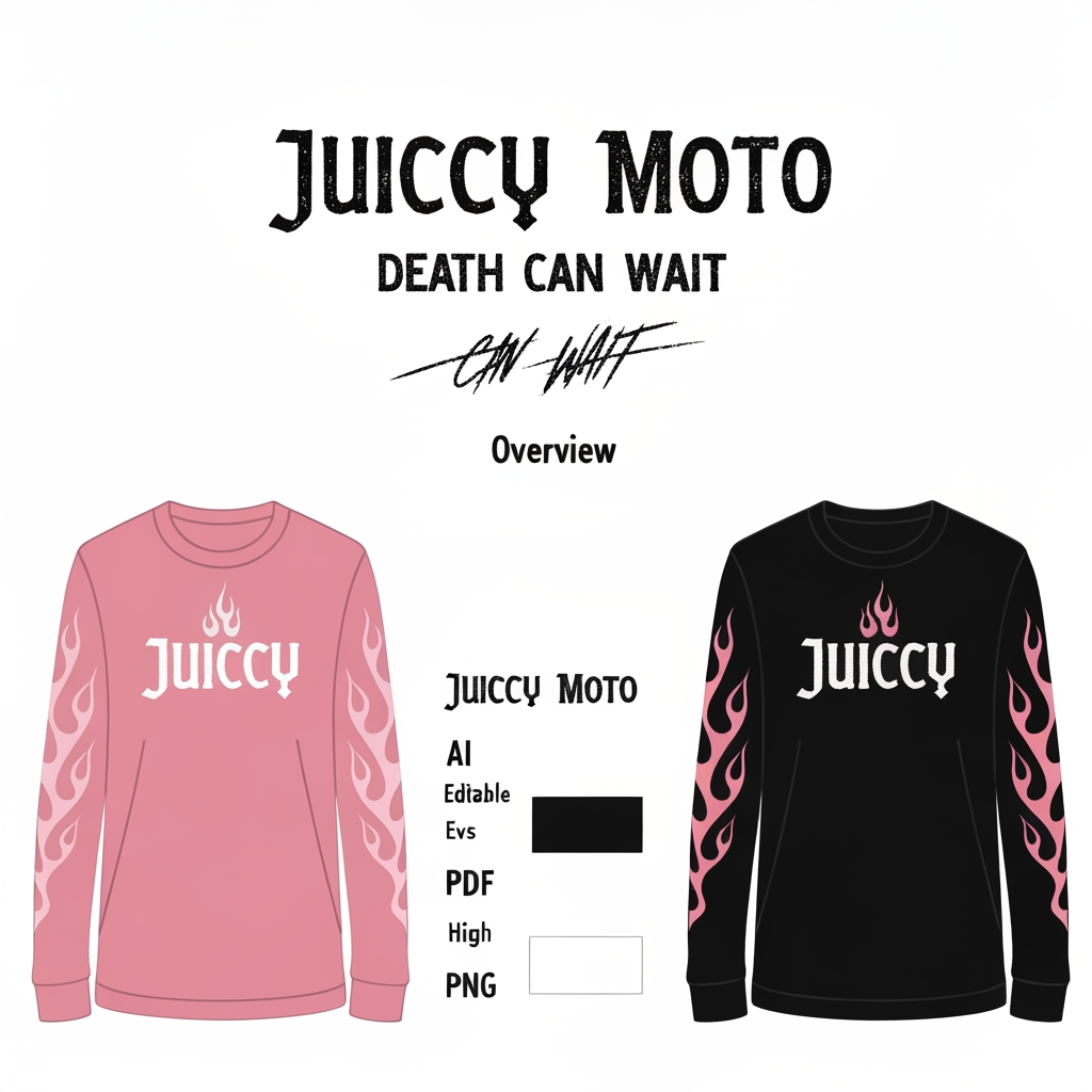 AI Design for Job Title
Vectorize / redraw streetwear brand logos into clean SVG files (JUICCY MOTO)

Overview
I run a motorcycle streetwear brand and I have several AI-generated logo renders that I need converted into clean, production-ready vector files. The renders look good but they're raster images — I need them redrawn as crisp, editable vectors that are perfect at any size (web, print, DTF/screen print, and embroidery digitizing later).

This is redraw / clean-up work, not just an auto-trace. I want smooth, deliberate paths — no jagged edges, no leftover artifacts, letters and shapes properly closed and consistent.

Assets to vectorize
"JUICCY MOTO" main logotype — the stacked gothic/blackletter wordmark (two lines: JUICCY over MOTO). This is the master — all lettering elsewhere should match it.
"DEATH CAN WAIT" tagline — the distressed/scratchy script text.
Tribal flame graphic — the flame design used on the sleeves/sides (single clean version I can mirror/reuse).
"JUICCY" and "MOTO" cuff wordmarks — required. Two separate individual files, one for each word.
Must be on a STRAIGHT horizontal baseline — do NOT curve or arch the text. My reference render shows them slightly curved; I want them straightened out.
Use the exact same gothic lettering from the main logotype (pull the letterforms straight from the JUICCY MOTO logo so they match perfectly — don't redraw separately).
Deliverables (for each asset)
Layered, editable SVG (primary deliverable)
AI or EPS source file
PDF and transparent high-res PNG
Two colour versions of each: 1) full pink/rose colour as shown, and 2) solid single-colour black version.
Requirements
Clean, hand-refined vector paths — must look sharp when zoomed all the way in.
Recreate the exact custom letterforms and flame shapes — don't just substitute a similar font.
Files organised and named clearly, colours grouped/labeled.
Keep the exact pink/rose tones from my renders (I'll provide hex values or you can colour-pick).
What I'll provide
High-resolution source renders of each logo (including a clean isolated version of the main logotype on black).
Brand colour references.
Ideal freelancer
Strong portfolio of logo vectorization / redraw work (please show before/after examples).
Streetwear / apparel graphics experience a plus.