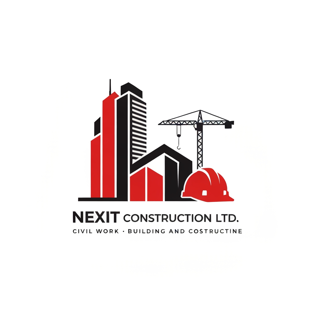 AI Design for Create a clean, original vector logo only (no mockups, no business cards, no stationery, no presentation). Company Name: Nexit Construction Ltd. Slogan: Reliability and Excellence. Business: Civil Work, Building and Construction. Use a modern skyscraper, construction crane, safety helmet, and geometric architectural shapes. Color palette: red, black, and white. Professional, premium, minimalist, flat vector style. White transparent background. Bold modern typography. Square 1200x1200 logo only.