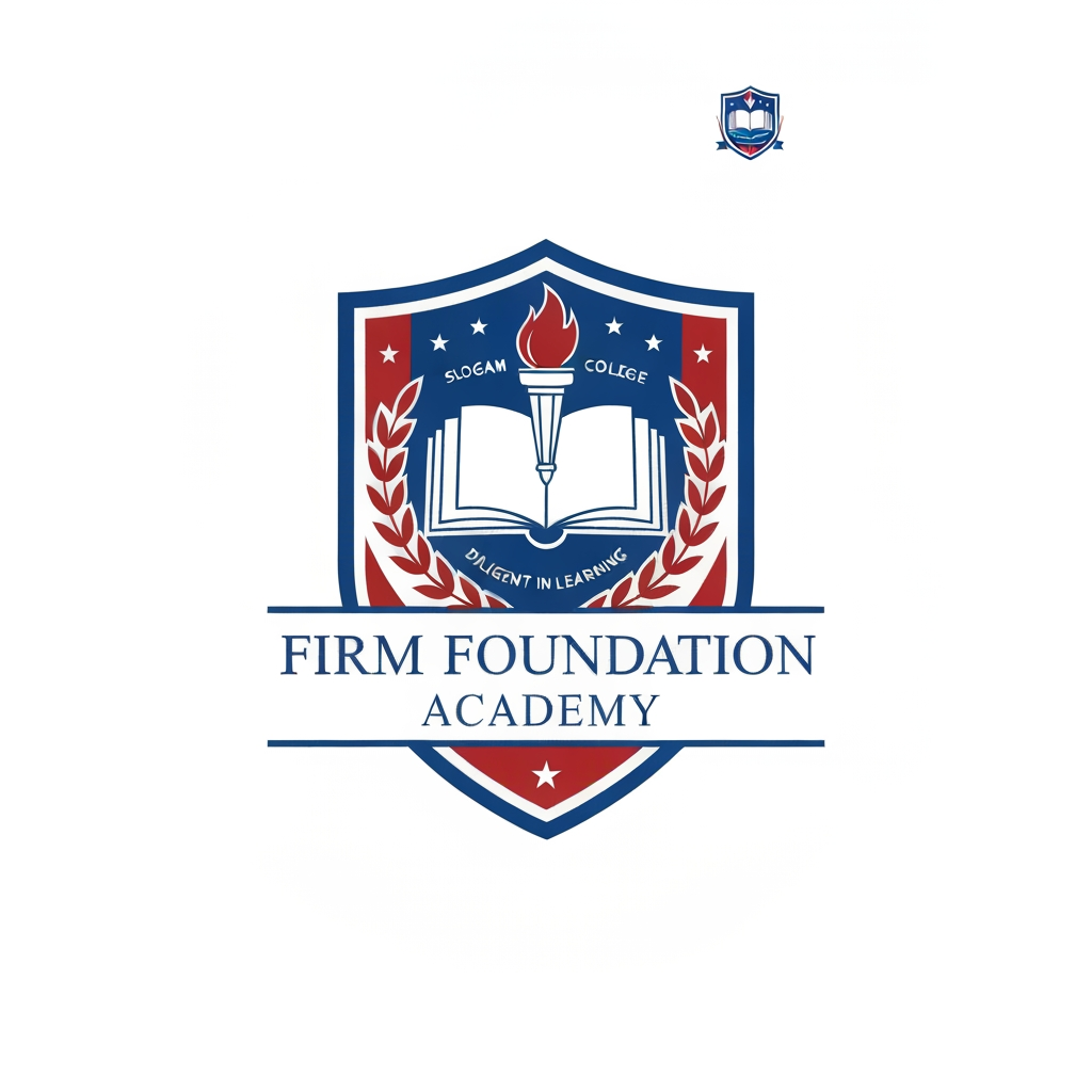 AI Design for Design a prestigious school badge logo for "Firm Foundation Academy."
Business: College
Slogan: "Diligent in Learning"
Use royal blue, red, white, and subtle gold accents.
Create a premium shield-shaped emblem featuring an open book, torch of knowledge, laurel leaves, and academic symbols.
Typography should be elegant and traditional.
The logo should look official, timeless, and suitable for certificates, uniforms, websites, and educational branding.
Flat vector design with a white or transparent background. No gradients, no watermark.