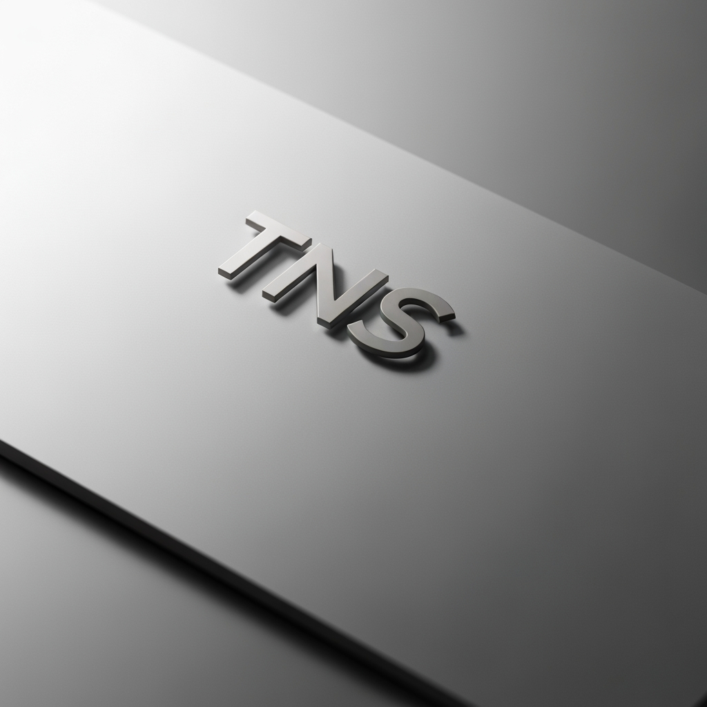 AI Design for Premium logo presentation mockup concept for TNS. Logo or brand mark displayed on a clean neutral surface with subtle depth, refined shadow, precise alignment, elegant design-studio presentation, no extra readable text.
