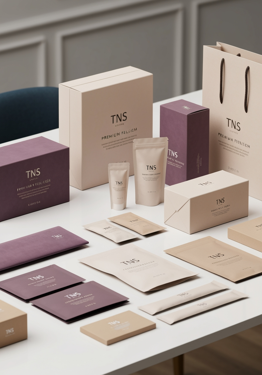 AI Design for Premium packaging mockup concept for TNS. Brand identity applied to realistic boxes, pouches, labels, wraps, or bags as appropriate, polished tabletop scene, tactile materials, no invented readable copy.