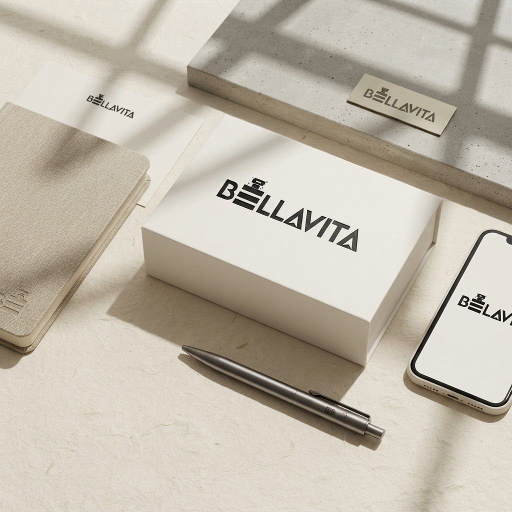 AI Design for Brand application mockup concept for A clean, modern brand identity presentation for Bellavita, showcasing the serif logo on textured, neutral-toned stationery with sharp, architectural shadows.. Multiple branded touchpoints in one refined composition, such as stationery, packaging, digital screen, signage, or apparel, realistic materials, no invented readable copy.

Incorporate the attached brand element reference image (Reference A: brand element "Bellavita") into the composition where natural — preserve the depicted brand element's appearance.