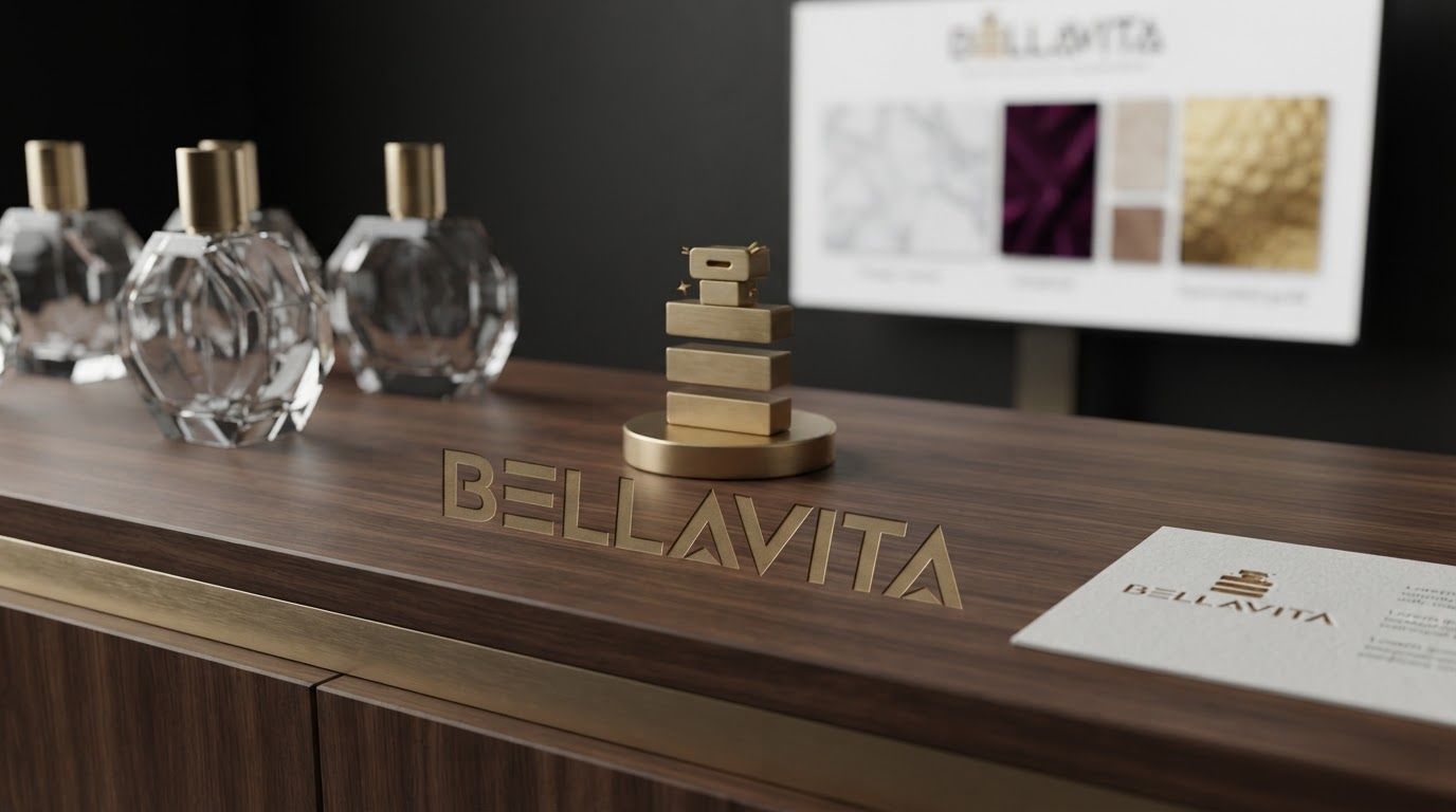 AI Design for Client presentation mockup for  brand. Polished scene showing the design direction applied to a realistic surface, screen, poster, or object, premium agency presentation style, no readable placeholder text.

Incorporate the attached brand element reference image (Reference A: brand element "Bellavita") into the composition where natural — preserve the depicted brand element's appearance.