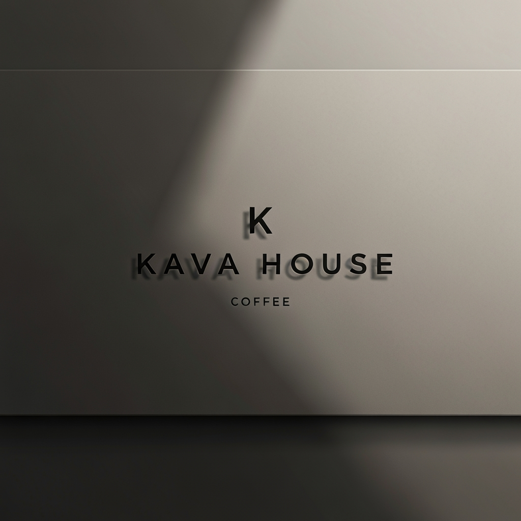 AI Design for Premium logo presentation mockup concept for logo for my brand - KAVA HOUSE 
its is a cofee brand. Logo or brand mark displayed on a clean neutral surface with subtle depth, refined shadow, precise alignment, elegant design-studio presentation, no extra readable text.