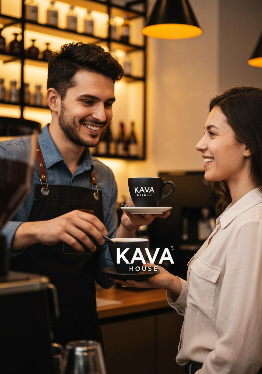 AI Design for Paid ad visual concept for logo for my brand - KAVA HOUSE 
its is a cofee brand. Performance-focused portrait composition, clear product or benefit cue, bold contrast, uncluttered background, open area for offer copy to be added later, no readable text.