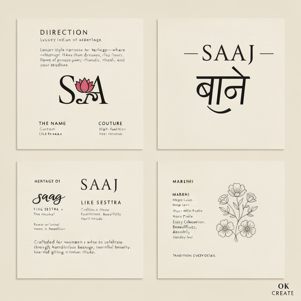 AI Design for this is a chatgpt chat,
Direction: SAAJ (साज)
Meaning: The timeless art of a woman's festive adornment.
Visual Style
Luxury Indian heritage
Custom-drawn wordmark (not a stock font)
Fine calligraphic strokes inspired by Devanagari
Minimal feminine flourishes
Cream handmade paper background
Burgundy, deep brown, muted gold palette
Construction grid like your reference
Callouts around the logo
The Name
"Saaj" is the Marathi expression for adornment—where flowers, jewellery, rituals, and celebration come together.
The Meaning
More than dressing up, Saaj is the feeling of preparing for every cherished festival and tradition.
The Symbol
Inspired by the lotus and the Maharashtrian Saaj jewellery, reflecting grace, femininity, and heritage.
The Identity
Crafted for women who celebrate traditions through handmade beauty, heartfelt gifting, and timeless rituals.
I can create 4 different logo concepts
Concept 01 — Heritage
Like Raaga
Hand-drawn lettering
Lotus integrated into the "A"
Grid construction
Editorial presentation
Concept 02 — Couture
Like Sestra
High-fashion typography
Very minimal
Thin elegant curves
Luxury women's label
Concept 03 — Marathi Modern
English + subtle Devanagari influence
SAAJ
साज
with elegant ligatures.
Concept 04 — Artisan
Floral line art
Mogra
Gajra
Crochet-inspired borders
Handmade feel
Premium tagline ideas
Where Traditions Bloom
Adorning Every Celebration
Crafted for Every Sohala
Festivities, Beautifully Handmade
Rooted in Tradition
Made with Love, Worn with Pride
Every Celebration, Beautifully Adorned
Tradition in Every Detail
I also recommend designing SAAJ as a bespoke wordmark—similar to Sabyasachi, Nicobar, Raaga, or Sestra—rather than typing it in an existing font. The beauty of those references comes from custom lettering with carefully shaped ligatures and proportions. A custom wordmark will make the brand feel far more premium and memorable.
OK CREATE
You've hit the Free plan limit for image generations requests. You can create more images when the limit resets in 23 hours and 26 minutes.
I can't create the image until that limit resets, so I'm unable to generate the SAAJ branding board right now.
As soon as the limit resets, I'll create:
A bespoke SAAJ wordmark (not a stock font)
The same editorial presentation style as your reference
Cream textured paper background
Construction grid
Four elegant meaning callouts
Lotus/Marathi Saaj jewellery inspired symbol
Premium feminine luxury aesthetic (Sabyasachi × Raaga × Sestra feel)
Burgundy, ivory, charcoal and muted gold palette
The final board will resemble a real brand identity presentation rather than an AI logo sheet.
create something like the references
a single logo , saa in marathi and J in english, remove the meaning para, the name para and grild lines , and make it more attractive
this in pdf