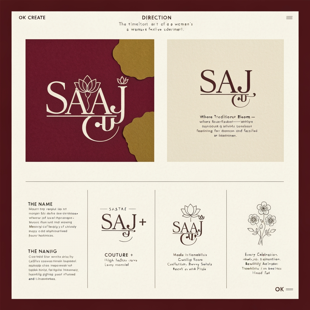 AI Design for this is a chatgpt chat,
Direction: SAAJ (साज)
Meaning: The timeless art of a woman's festive adornment.
Visual Style
Luxury Indian heritage
Custom-drawn wordmark (not a stock font)
Fine calligraphic strokes inspired by Devanagari
Minimal feminine flourishes
Cream handmade paper background
Burgundy, deep brown, muted gold palette
Construction grid like your reference
Callouts around the logo
The Name
"Saaj" is the Marathi expression for adornment—where flowers, jewellery, rituals, and celebration come together.
The Meaning
More than dressing up, Saaj is the feeling of preparing for every cherished festival and tradition.
The Symbol
Inspired by the lotus and the Maharashtrian Saaj jewellery, reflecting grace, femininity, and heritage.
The Identity
Crafted for women who celebrate traditions through handmade beauty, heartfelt gifting, and timeless rituals.
I can create 4 different logo concepts
Concept 01 — Heritage
Like Raaga
Hand-drawn lettering
Lotus integrated into the "A"
Grid construction
Editorial presentation
Concept 02 — Couture
Like Sestra
High-fashion typography
Very minimal
Thin elegant curves
Luxury women's label
Concept 03 — Marathi Modern
English + subtle Devanagari influence
SAAJ
साज
with elegant ligatures.
Concept 04 — Artisan
Floral line art
Mogra
Gajra
Crochet-inspired borders
Handmade feel
Premium tagline ideas
Where Traditions Bloom
Adorning Every Celebration
Crafted for Every Sohala
Festivities, Beautifully Handmade
Rooted in Tradition
Made with Love, Worn with Pride
Every Celebration, Beautifully Adorned
Tradition in Every Detail
I also recommend designing SAAJ as a bespoke wordmark—similar to Sabyasachi, Nicobar, Raaga, or Sestra—rather than typing it in an existing font. The beauty of those references comes from custom lettering with carefully shaped ligatures and proportions. A custom wordmark will make the brand feel far more premium and memorable.
OK CREATE
You've hit the Free plan limit for image generations requests. You can create more images when the limit resets in 23 hours and 26 minutes.
I can't create the image until that limit resets, so I'm unable to generate the SAAJ branding board right now.
As soon as the limit resets, I'll create:
A bespoke SAAJ wordmark (not a stock font)
The same editorial presentation style as your reference
Cream textured paper background
Construction grid
Four elegant meaning callouts
Lotus/Marathi Saaj jewellery inspired symbol
Premium feminine luxury aesthetic (Sabyasachi × Raaga × Sestra feel)
Burgundy, ivory, charcoal and muted gold palette
The final board will resemble a real brand identity presentation rather than an AI logo sheet.
create something like the references
a single logo , saa in marathi and J in english, remove the meaning para, the name para and grild lines , and make it more attractive
this in pdf