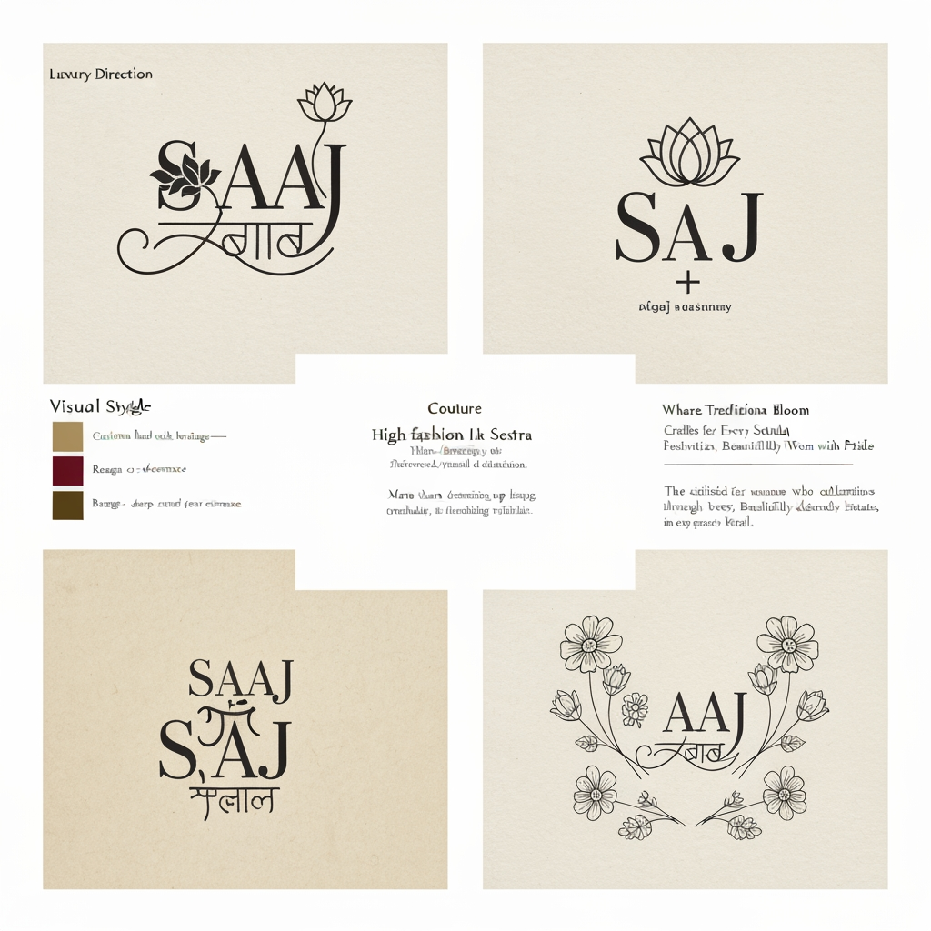 AI Design for this is a chatgpt chat,
Direction: SAAJ (साज)
Meaning: The timeless art of a woman's festive adornment.
Visual Style
Luxury Indian heritage
Custom-drawn wordmark (not a stock font)
Fine calligraphic strokes inspired by Devanagari
Minimal feminine flourishes
Cream handmade paper background
Burgundy, deep brown, muted gold palette
Construction grid like your reference
Callouts around the logo
The Name
"Saaj" is the Marathi expression for adornment—where flowers, jewellery, rituals, and celebration come together.
The Meaning
More than dressing up, Saaj is the feeling of preparing for every cherished festival and tradition.
The Symbol
Inspired by the lotus and the Maharashtrian Saaj jewellery, reflecting grace, femininity, and heritage.
The Identity
Crafted for women who celebrate traditions through handmade beauty, heartfelt gifting, and timeless rituals.
I can create 4 different logo concepts
Concept 01 — Heritage
Like Raaga
Hand-drawn lettering
Lotus integrated into the "A"
Grid construction
Editorial presentation
Concept 02 — Couture
Like Sestra
High-fashion typography
Very minimal
Thin elegant curves
Luxury women's label
Concept 03 — Marathi Modern
English + subtle Devanagari influence
SAAJ
साज
with elegant ligatures.
Concept 04 — Artisan
Floral line art
Mogra
Gajra
Crochet-inspired borders
Handmade feel
Premium tagline ideas
Where Traditions Bloom
Adorning Every Celebration
Crafted for Every Sohala
Festivities, Beautifully Handmade
Rooted in Tradition
Made with Love, Worn with Pride
Every Celebration, Beautifully Adorned
Tradition in Every Detail
I also recommend designing SAAJ as a bespoke wordmark—similar to Sabyasachi, Nicobar, Raaga, or Sestra—rather than typing it in an existing font. The beauty of those references comes from custom lettering with carefully shaped ligatures and proportions. A custom wordmark will make the brand feel far more premium and memorable.
OK CREATE
You've hit the Free plan limit for image generations requests. You can create more images when the limit resets in 23 hours and 26 minutes.
I can't create the image until that limit resets, so I'm unable to generate the SAAJ branding board right now.
As soon as the limit resets, I'll create:
A bespoke SAAJ wordmark (not a stock font)
The same editorial presentation style as your reference
Cream textured paper background
Construction grid
Four elegant meaning callouts
Lotus/Marathi Saaj jewellery inspired symbol
Premium feminine luxury aesthetic (Sabyasachi × Raaga × Sestra feel)
Burgundy, ivory, charcoal and muted gold palette
The final board will resemble a real brand identity presentation rather than an AI logo sheet.
create something like the references
a single logo , saa in marathi and J in english, remove the meaning para, the name para and grild lines , and make it more attractive
this in pdf