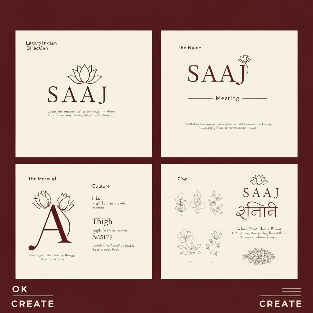 AI Design for this is a chatgpt chat,
Direction: SAAJ (साज)
Meaning: The timeless art of a woman's festive adornment.
Visual Style
Luxury Indian heritage
Custom-drawn wordmark (not a stock font)
Fine calligraphic strokes inspired by Devanagari
Minimal feminine flourishes
Cream handmade paper background
Burgundy, deep brown, muted gold palette
Construction grid like your reference
Callouts around the logo
The Name
"Saaj" is the Marathi expression for adornment—where flowers, jewellery, rituals, and celebration come together.
The Meaning
More than dressing up, Saaj is the feeling of preparing for every cherished festival and tradition.
The Symbol
Inspired by the lotus and the Maharashtrian Saaj jewellery, reflecting grace, femininity, and heritage.
The Identity
Crafted for women who celebrate traditions through handmade beauty, heartfelt gifting, and timeless rituals.
I can create 4 different logo concepts
Concept 01 — Heritage
Like Raaga
Hand-drawn lettering
Lotus integrated into the "A"
Grid construction
Editorial presentation
Concept 02 — Couture
Like Sestra
High-fashion typography
Very minimal
Thin elegant curves
Luxury women's label
Concept 03 — Marathi Modern
English + subtle Devanagari influence
SAAJ
साज
with elegant ligatures.
Concept 04 — Artisan
Floral line art
Mogra
Gajra
Crochet-inspired borders
Handmade feel
Premium tagline ideas
Where Traditions Bloom
Adorning Every Celebration
Crafted for Every Sohala
Festivities, Beautifully Handmade
Rooted in Tradition
Made with Love, Worn with Pride
Every Celebration, Beautifully Adorned
Tradition in Every Detail
I also recommend designing SAAJ as a bespoke wordmark—similar to Sabyasachi, Nicobar, Raaga, or Sestra—rather than typing it in an existing font. The beauty of those references comes from custom lettering with carefully shaped ligatures and proportions. A custom wordmark will make the brand feel far more premium and memorable.
OK CREATE
You've hit the Free plan limit for image generations requests. You can create more images when the limit resets in 23 hours and 26 minutes.
I can't create the image until that limit resets, so I'm unable to generate the SAAJ branding board right now.
As soon as the limit resets, I'll create:
A bespoke SAAJ wordmark (not a stock font)
The same editorial presentation style as your reference
Cream textured paper background
Construction grid
Four elegant meaning callouts
Lotus/Marathi Saaj jewellery inspired symbol
Premium feminine luxury aesthetic (Sabyasachi × Raaga × Sestra feel)
Burgundy, ivory, charcoal and muted gold palette
The final board will resemble a real brand identity presentation rather than an AI logo sheet.
create something like the references
a single logo , saa in marathi and J in english, remove the meaning para, the name para and grild lines , and make it more attractive
this in pdf