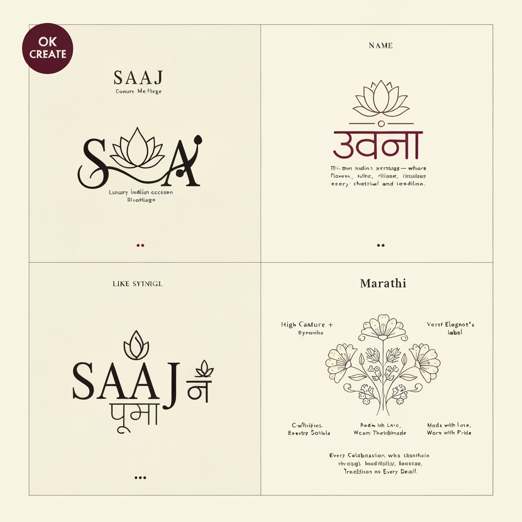 AI Design for this is a chatgpt chat,
Direction: SAAJ (साज)
Meaning: The timeless art of a woman's festive adornment.
Visual Style
Luxury Indian heritage
Custom-drawn wordmark (not a stock font)
Fine calligraphic strokes inspired by Devanagari
Minimal feminine flourishes
Cream handmade paper background
Burgundy, deep brown, muted gold palette
Construction grid like your reference
Callouts around the logo
The Name
"Saaj" is the Marathi expression for adornment—where flowers, jewellery, rituals, and celebration come together.
The Meaning
More than dressing up, Saaj is the feeling of preparing for every cherished festival and tradition.
The Symbol
Inspired by the lotus and the Maharashtrian Saaj jewellery, reflecting grace, femininity, and heritage.
The Identity
Crafted for women who celebrate traditions through handmade beauty, heartfelt gifting, and timeless rituals.
I can create 4 different logo concepts
Concept 01 — Heritage
Like Raaga
Hand-drawn lettering
Lotus integrated into the "A"
Grid construction
Editorial presentation
Concept 02 — Couture
Like Sestra
High-fashion typography
Very minimal
Thin elegant curves
Luxury women's label
Concept 03 — Marathi Modern
English + subtle Devanagari influence
SAAJ
साज
with elegant ligatures.
Concept 04 — Artisan
Floral line art
Mogra
Gajra
Crochet-inspired borders
Handmade feel
Premium tagline ideas
Where Traditions Bloom
Adorning Every Celebration
Crafted for Every Sohala
Festivities, Beautifully Handmade
Rooted in Tradition
Made with Love, Worn with Pride
Every Celebration, Beautifully Adorned
Tradition in Every Detail
I also recommend designing SAAJ as a bespoke wordmark—similar to Sabyasachi, Nicobar, Raaga, or Sestra—rather than typing it in an existing font. The beauty of those references comes from custom lettering with carefully shaped ligatures and proportions. A custom wordmark will make the brand feel far more premium and memorable.
OK CREATE
You've hit the Free plan limit for image generations requests. You can create more images when the limit resets in 23 hours and 26 minutes.
I can't create the image until that limit resets, so I'm unable to generate the SAAJ branding board right now.
As soon as the limit resets, I'll create:
A bespoke SAAJ wordmark (not a stock font)
The same editorial presentation style as your reference
Cream textured paper background
Construction grid
Four elegant meaning callouts
Lotus/Marathi Saaj jewellery inspired symbol
Premium feminine luxury aesthetic (Sabyasachi × Raaga × Sestra feel)
Burgundy, ivory, charcoal and muted gold palette
The final board will resemble a real brand identity presentation rather than an AI logo sheet.
create something like the references
a single logo , saa in marathi and J in english, remove the meaning para, the name para and grild lines , and make it more attractive
this in pdf