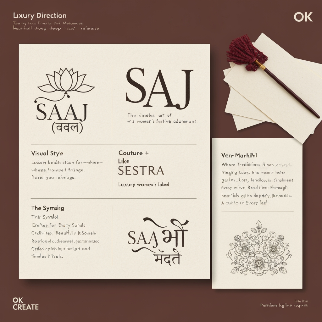 AI Design for this is a chatgpt chat,
Direction: SAAJ (साज)
Meaning: The timeless art of a woman's festive adornment.
Visual Style
Luxury Indian heritage
Custom-drawn wordmark (not a stock font)
Fine calligraphic strokes inspired by Devanagari
Minimal feminine flourishes
Cream handmade paper background
Burgundy, deep brown, muted gold palette
Construction grid like your reference
Callouts around the logo
The Name
"Saaj" is the Marathi expression for adornment—where flowers, jewellery, rituals, and celebration come together.
The Meaning
More than dressing up, Saaj is the feeling of preparing for every cherished festival and tradition.
The Symbol
Inspired by the lotus and the Maharashtrian Saaj jewellery, reflecting grace, femininity, and heritage.
The Identity
Crafted for women who celebrate traditions through handmade beauty, heartfelt gifting, and timeless rituals.
I can create 4 different logo concepts
Concept 01 — Heritage
Like Raaga
Hand-drawn lettering
Lotus integrated into the "A"
Grid construction
Editorial presentation
Concept 02 — Couture
Like Sestra
High-fashion typography
Very minimal
Thin elegant curves
Luxury women's label
Concept 03 — Marathi Modern
English + subtle Devanagari influence
SAAJ
साज
with elegant ligatures.
Concept 04 — Artisan
Floral line art
Mogra
Gajra
Crochet-inspired borders
Handmade feel
Premium tagline ideas
Where Traditions Bloom
Adorning Every Celebration
Crafted for Every Sohala
Festivities, Beautifully Handmade
Rooted in Tradition
Made with Love, Worn with Pride
Every Celebration, Beautifully Adorned
Tradition in Every Detail
I also recommend designing SAAJ as a bespoke wordmark—similar to Sabyasachi, Nicobar, Raaga, or Sestra—rather than typing it in an existing font. The beauty of those references comes from custom lettering with carefully shaped ligatures and proportions. A custom wordmark will make the brand feel far more premium and memorable.
OK CREATE
You've hit the Free plan limit for image generations requests. You can create more images when the limit resets in 23 hours and 26 minutes.
I can't create the image until that limit resets, so I'm unable to generate the SAAJ branding board right now.
As soon as the limit resets, I'll create:
A bespoke SAAJ wordmark (not a stock font)
The same editorial presentation style as your reference
Cream textured paper background
Construction grid
Four elegant meaning callouts
Lotus/Marathi Saaj jewellery inspired symbol
Premium feminine luxury aesthetic (Sabyasachi × Raaga × Sestra feel)
Burgundy, ivory, charcoal and muted gold palette
The final board will resemble a real brand identity presentation rather than an AI logo sheet.
create something like the references
a single logo , saa in marathi and J in english, remove the meaning para, the name para and grild lines , and make it more attractive
this in pdf