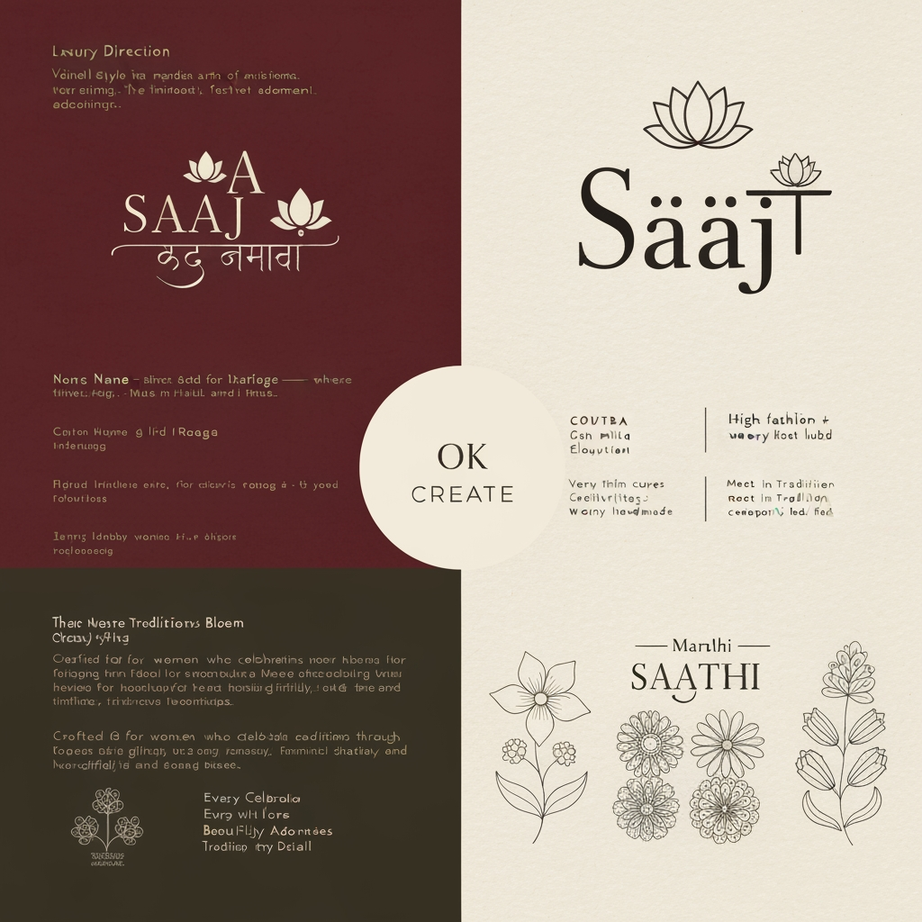 AI Design for this is a chatgpt chat,
Direction: SAAJ (साज)
Meaning: The timeless art of a woman's festive adornment.
Visual Style
Luxury Indian heritage
Custom-drawn wordmark (not a stock font)
Fine calligraphic strokes inspired by Devanagari
Minimal feminine flourishes
Cream handmade paper background
Burgundy, deep brown, muted gold palette
Construction grid like your reference
Callouts around the logo
The Name
"Saaj" is the Marathi expression for adornment—where flowers, jewellery, rituals, and celebration come together.
The Meaning
More than dressing up, Saaj is the feeling of preparing for every cherished festival and tradition.
The Symbol
Inspired by the lotus and the Maharashtrian Saaj jewellery, reflecting grace, femininity, and heritage.
The Identity
Crafted for women who celebrate traditions through handmade beauty, heartfelt gifting, and timeless rituals.
I can create 4 different logo concepts
Concept 01 — Heritage
Like Raaga
Hand-drawn lettering
Lotus integrated into the "A"
Grid construction
Editorial presentation
Concept 02 — Couture
Like Sestra
High-fashion typography
Very minimal
Thin elegant curves
Luxury women's label
Concept 03 — Marathi Modern
English + subtle Devanagari influence
SAAJ
साज
with elegant ligatures.
Concept 04 — Artisan
Floral line art
Mogra
Gajra
Crochet-inspired borders
Handmade feel
Premium tagline ideas
Where Traditions Bloom
Adorning Every Celebration
Crafted for Every Sohala
Festivities, Beautifully Handmade
Rooted in Tradition
Made with Love, Worn with Pride
Every Celebration, Beautifully Adorned
Tradition in Every Detail
I also recommend designing SAAJ as a bespoke wordmark—similar to Sabyasachi, Nicobar, Raaga, or Sestra—rather than typing it in an existing font. The beauty of those references comes from custom lettering with carefully shaped ligatures and proportions. A custom wordmark will make the brand feel far more premium and memorable.
OK CREATE
You've hit the Free plan limit for image generations requests. You can create more images when the limit resets in 23 hours and 26 minutes.
I can't create the image until that limit resets, so I'm unable to generate the SAAJ branding board right now.
As soon as the limit resets, I'll create:
A bespoke SAAJ wordmark (not a stock font)
The same editorial presentation style as your reference
Cream textured paper background
Construction grid
Four elegant meaning callouts
Lotus/Marathi Saaj jewellery inspired symbol
Premium feminine luxury aesthetic (Sabyasachi × Raaga × Sestra feel)
Burgundy, ivory, charcoal and muted gold palette
The final board will resemble a real brand identity presentation rather than an AI logo sheet.
create something like the references
a single logo , saa in marathi and J in english, remove the meaning para, the name para and grild lines , and make it more attractive
this in pdf