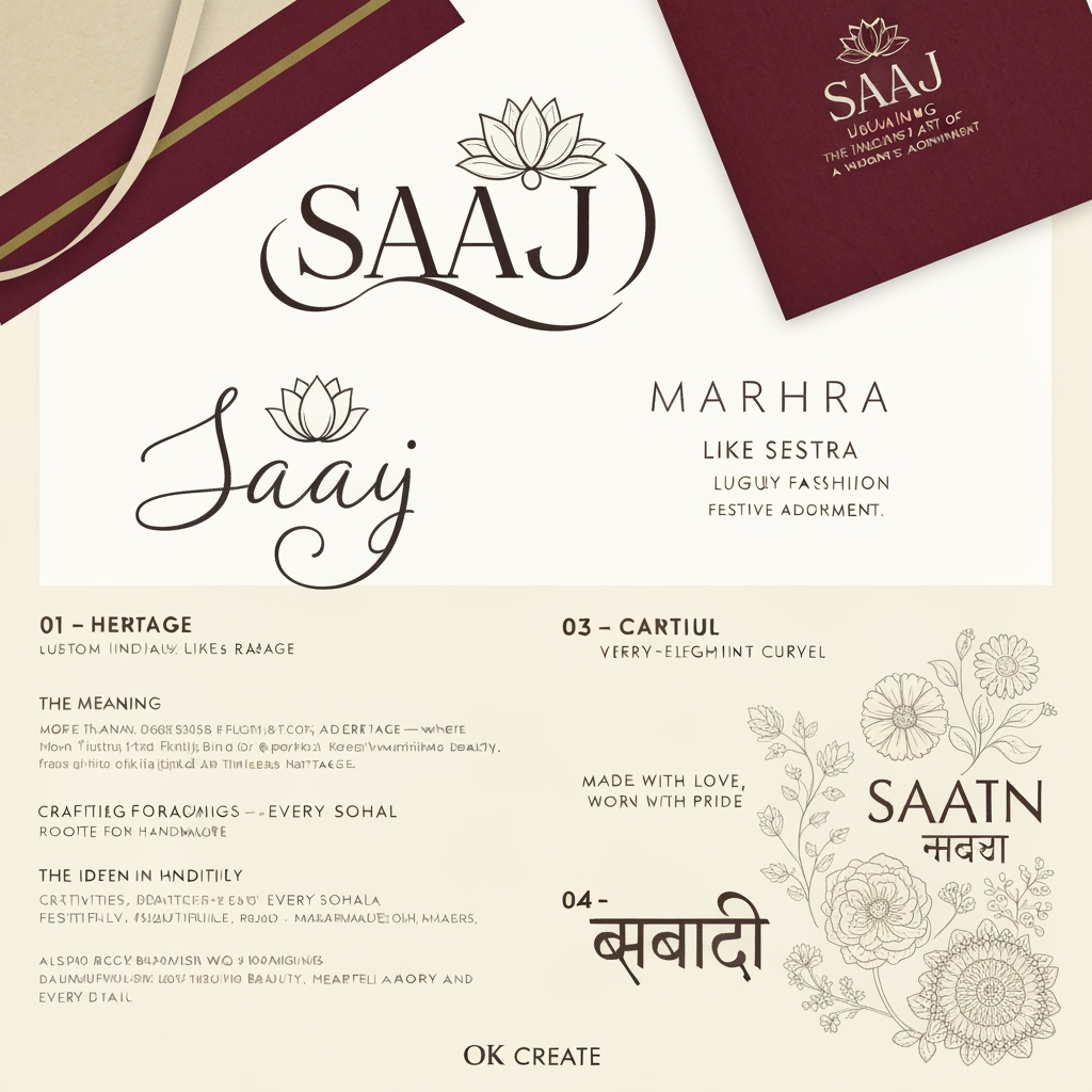 AI Design for this is a chatgpt chat,
Direction: SAAJ (साज)
Meaning: The timeless art of a woman's festive adornment.
Visual Style
Luxury Indian heritage
Custom-drawn wordmark (not a stock font)
Fine calligraphic strokes inspired by Devanagari
Minimal feminine flourishes
Cream handmade paper background
Burgundy, deep brown, muted gold palette
Construction grid like your reference
Callouts around the logo
The Name
"Saaj" is the Marathi expression for adornment—where flowers, jewellery, rituals, and celebration come together.
The Meaning
More than dressing up, Saaj is the feeling of preparing for every cherished festival and tradition.
The Symbol
Inspired by the lotus and the Maharashtrian Saaj jewellery, reflecting grace, femininity, and heritage.
The Identity
Crafted for women who celebrate traditions through handmade beauty, heartfelt gifting, and timeless rituals.
I can create 4 different logo concepts
Concept 01 — Heritage
Like Raaga
Hand-drawn lettering
Lotus integrated into the "A"
Grid construction
Editorial presentation
Concept 02 — Couture
Like Sestra
High-fashion typography
Very minimal
Thin elegant curves
Luxury women's label
Concept 03 — Marathi Modern
English + subtle Devanagari influence
SAAJ
साज
with elegant ligatures.
Concept 04 — Artisan
Floral line art
Mogra
Gajra
Crochet-inspired borders
Handmade feel
Premium tagline ideas
Where Traditions Bloom
Adorning Every Celebration
Crafted for Every Sohala
Festivities, Beautifully Handmade
Rooted in Tradition
Made with Love, Worn with Pride
Every Celebration, Beautifully Adorned
Tradition in Every Detail
I also recommend designing SAAJ as a bespoke wordmark—similar to Sabyasachi, Nicobar, Raaga, or Sestra—rather than typing it in an existing font. The beauty of those references comes from custom lettering with carefully shaped ligatures and proportions. A custom wordmark will make the brand feel far more premium and memorable.
OK CREATE
You've hit the Free plan limit for image generations requests. You can create more images when the limit resets in 23 hours and 26 minutes.
I can't create the image until that limit resets, so I'm unable to generate the SAAJ branding board right now.
As soon as the limit resets, I'll create:
A bespoke SAAJ wordmark (not a stock font)
The same editorial presentation style as your reference
Cream textured paper background
Construction grid
Four elegant meaning callouts
Lotus/Marathi Saaj jewellery inspired symbol
Premium feminine luxury aesthetic (Sabyasachi × Raaga × Sestra feel)
Burgundy, ivory, charcoal and muted gold palette
The final board will resemble a real brand identity presentation rather than an AI logo sheet.
create something like the references
a single logo , saa in marathi and J in english, remove the meaning para, the name para and grild lines , and make it more attractive
this in pdf