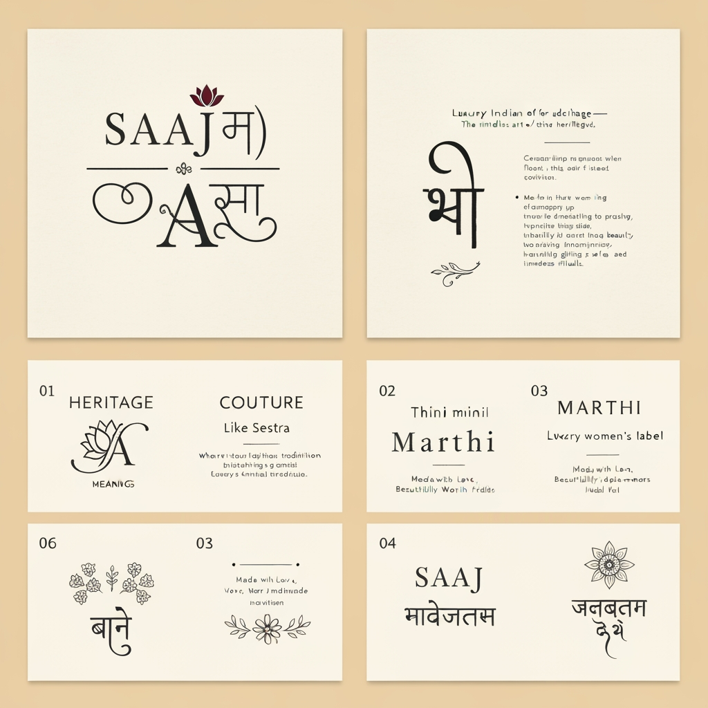 AI Design for this is a chatgpt chat,
Direction: SAAJ (साज)
Meaning: The timeless art of a woman's festive adornment.
Visual Style
Luxury Indian heritage
Custom-drawn wordmark (not a stock font)
Fine calligraphic strokes inspired by Devanagari
Minimal feminine flourishes
Cream handmade paper background
Burgundy, deep brown, muted gold palette
Construction grid like your reference
Callouts around the logo
The Name
"Saaj" is the Marathi expression for adornment—where flowers, jewellery, rituals, and celebration come together.
The Meaning
More than dressing up, Saaj is the feeling of preparing for every cherished festival and tradition.
The Symbol
Inspired by the lotus and the Maharashtrian Saaj jewellery, reflecting grace, femininity, and heritage.
The Identity
Crafted for women who celebrate traditions through handmade beauty, heartfelt gifting, and timeless rituals.
I can create 4 different logo concepts
Concept 01 — Heritage
Like Raaga
Hand-drawn lettering
Lotus integrated into the "A"
Grid construction
Editorial presentation
Concept 02 — Couture
Like Sestra
High-fashion typography
Very minimal
Thin elegant curves
Luxury women's label
Concept 03 — Marathi Modern
English + subtle Devanagari influence
SAAJ
साज
with elegant ligatures.
Concept 04 — Artisan
Floral line art
Mogra
Gajra
Crochet-inspired borders
Handmade feel
Premium tagline ideas
Where Traditions Bloom
Adorning Every Celebration
Crafted for Every Sohala
Festivities, Beautifully Handmade
Rooted in Tradition
Made with Love, Worn with Pride
Every Celebration, Beautifully Adorned
Tradition in Every Detail
I also recommend designing SAAJ as a bespoke wordmark—similar to Sabyasachi, Nicobar, Raaga, or Sestra—rather than typing it in an existing font. The beauty of those references comes from custom lettering with carefully shaped ligatures and proportions. A custom wordmark will make the brand feel far more premium and memorable.
OK CREATE
You've hit the Free plan limit for image generations requests. You can create more images when the limit resets in 23 hours and 26 minutes.
I can't create the image until that limit resets, so I'm unable to generate the SAAJ branding board right now.
As soon as the limit resets, I'll create:
A bespoke SAAJ wordmark (not a stock font)
The same editorial presentation style as your reference
Cream textured paper background
Construction grid
Four elegant meaning callouts
Lotus/Marathi Saaj jewellery inspired symbol
Premium feminine luxury aesthetic (Sabyasachi × Raaga × Sestra feel)
Burgundy, ivory, charcoal and muted gold palette
The final board will resemble a real brand identity presentation rather than an AI logo sheet.
create something like the references
a single logo , saa in marathi and J in english, remove the meaning para, the name para and grild lines , and make it more attractive
this in pdf