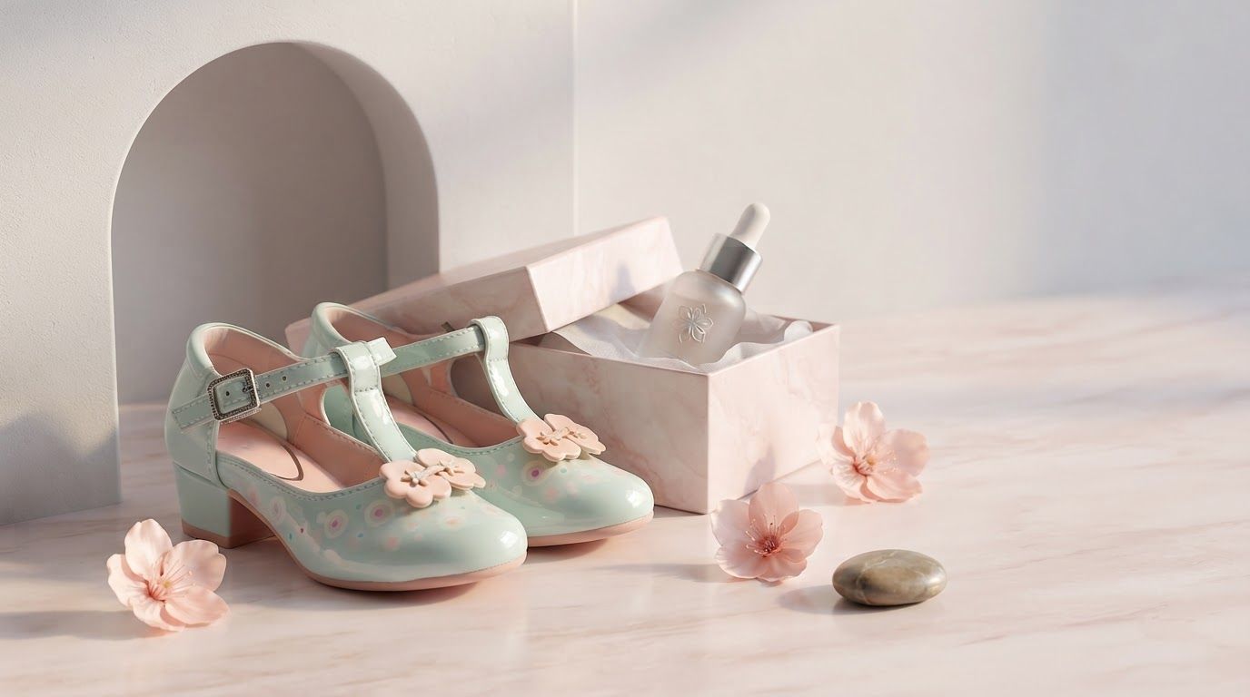 AI Design for Main campaign hero visual for brand. Cinematic advertising image with a clear subject, memorable visual idea, strong depth and lighting, premium art direction, clean negative space for headline and CTA to be added later, no generated text.
Incorporate the attached brand element reference image (Reference A: brand element "Mint Floral T-Strap Heels") into the composition where natural — preserve the depicted brand element's appearance.