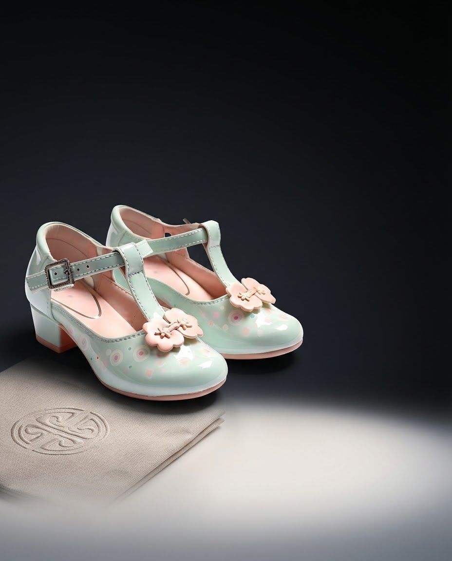 AI Design for Paid ad visual for brand. Performance-focused portrait composition, clear product or benefit cue, bold contrast, uncluttered background, open area for offer copy to be added later, no readable text.
Incorporate the attached brand element reference image (Reference A: brand element "Mint Floral T-Strap Heels") into the composition where natural — preserve the depicted brand element's appearance.