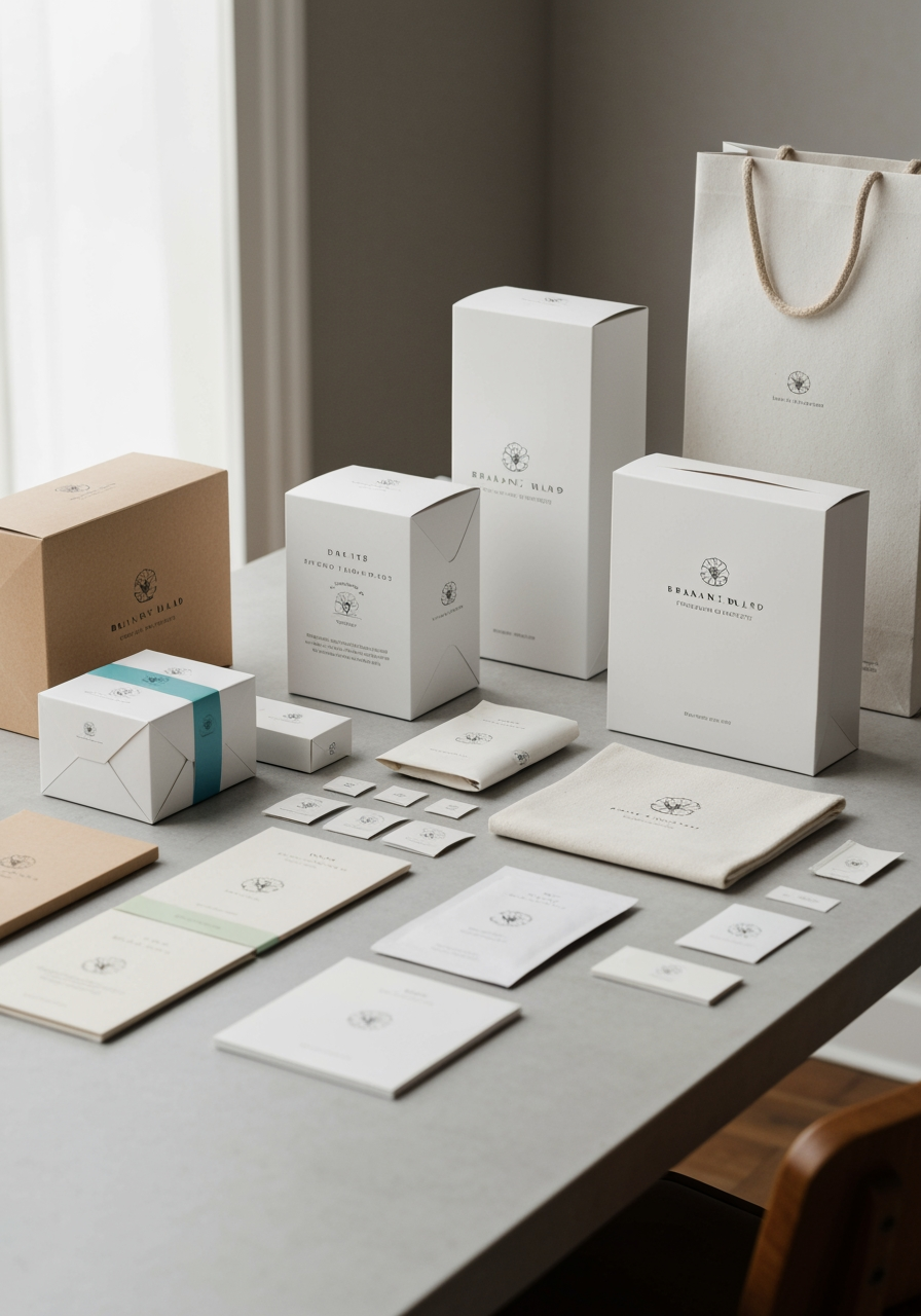 AI Design for Premium packaging mockup concept for Brand identity for my personal brand. Brand identity applied to realistic boxes, pouches, labels, wraps, or bags as appropriate, polished tabletop scene, tactile materials, no invented readable copy.