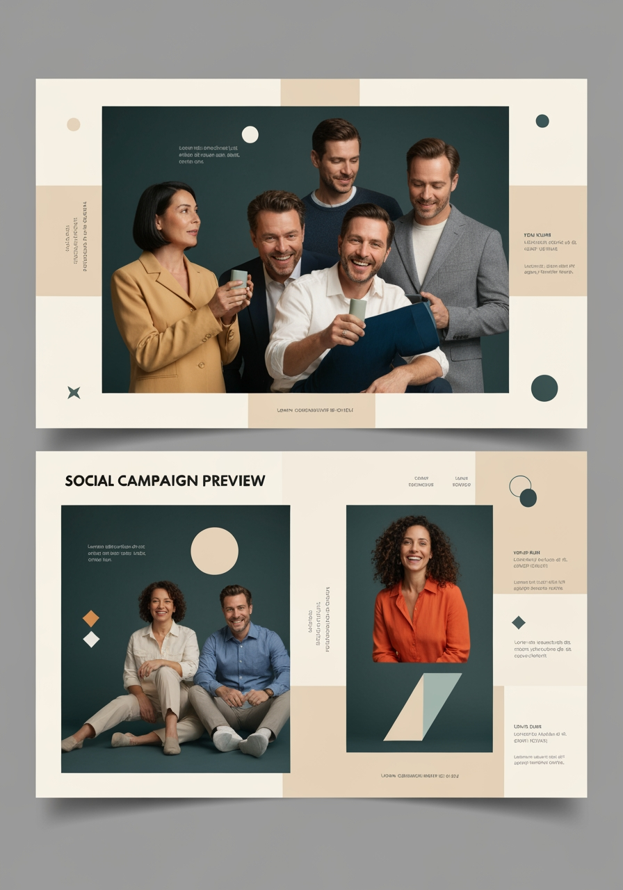AI Design for Social campaign preview concept for Social launch kit for a client campaign. Portrait campaign visual that feels ready for client approval, clear focal image, cohesive art direction, clean space for copy to be added later, no generated text.