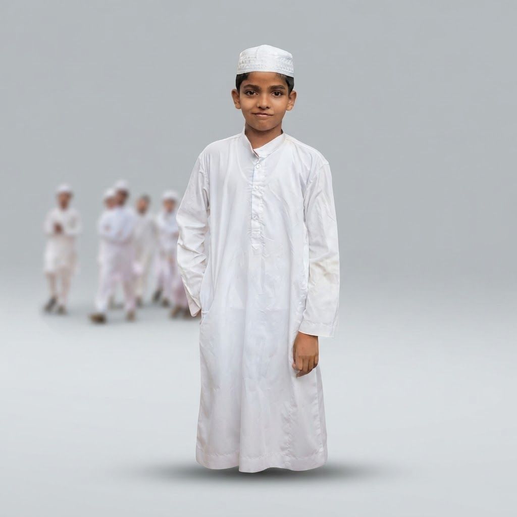 AI Design for High-end studio product photograph of Traditional Youth Thobe. A young boy stands in the foreground wearing a white long-sleeved thobe and a matching white kufi cap. In the background, several other children in similar white attire are blurred on a dirt path with buildings and greenery visible. Product centered as the clear hero, clean neutral background, controlled softbox lighting, realistic contact shadow, crisp edges, accurate material texture, no readable text added.
