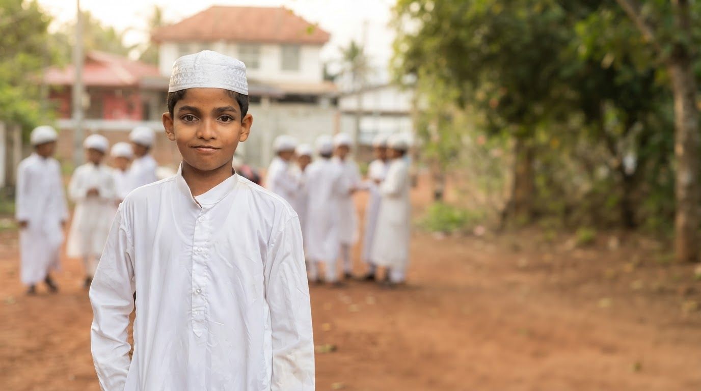 AI Design for Wide campaign hero photograph for Traditional Youth Thobe. A young boy stands in the foreground wearing a white long-sleeved thobe and a matching white kufi cap. In the background, several other children in similar white attire are blurred on a dirt path with buildings and greenery visible. Premium advertising composition with the product as focal point, cinematic lighting, clean negative space on one side for copy to be added later, no rendered words or logos beyond the reference product.
