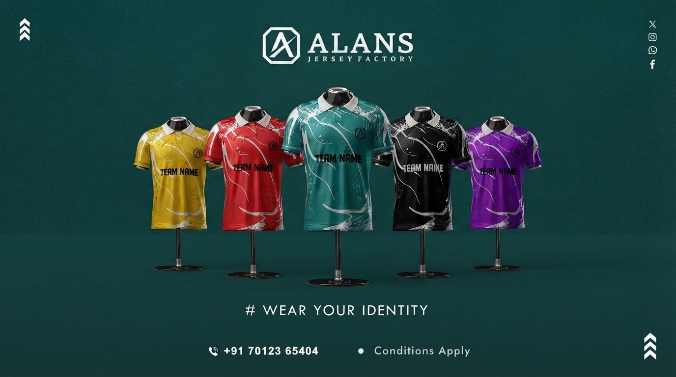 AI Design for Website hero image concept for Showcase a professional collection of custom-designed, vibrant sports jerseys on mannequins to highlight premium manufacturing quality and bold, team-ready aesthetics.. Wide polished digital brand visual, clear focal identity element, cohesive colors and atmosphere, generous negative space for headline and CTA to be added later, no rendered UI text.

Incorporate the attached brand element reference image (Reference A: brand element "ALANS Jersey Collection") into the composition where natural — preserve the depicted brand element's appearance.