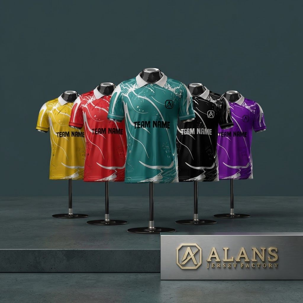 AI Design for Premium logo presentation mockup concept for Showcase a professional collection of custom-designed, vibrant sports jerseys on mannequins to highlight premium manufacturing quality and bold, team-ready aesthetics.. Logo or brand mark displayed on a clean neutral surface with subtle depth, refined shadow, precise alignment, elegant design-studio presentation, no extra readable text.

Incorporate the attached brand element reference image (Reference A: brand element "ALANS Jersey Collection") into the composition where natural — preserve the depicted brand element's appearance.