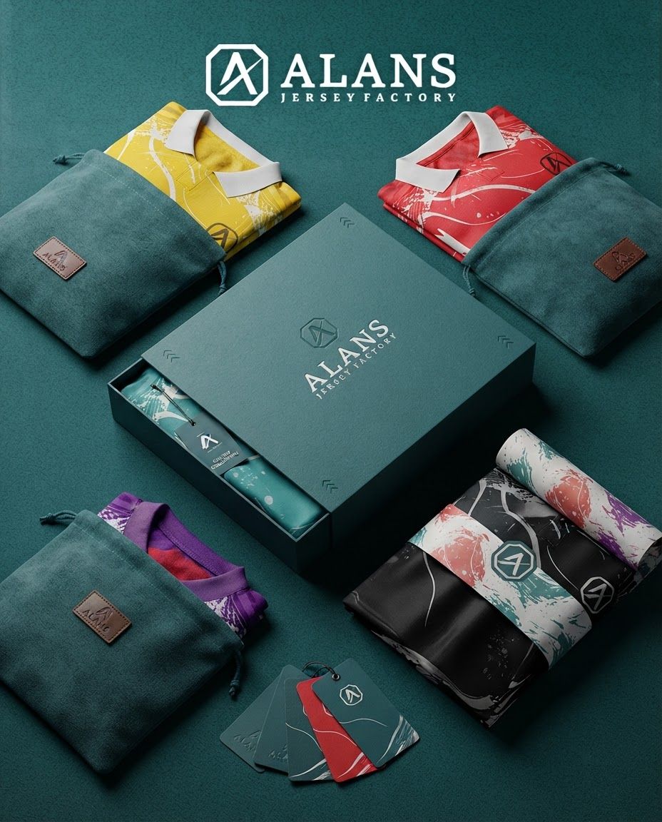 AI Design for Premium packaging mockup concept for Showcase a professional collection of custom-designed, vibrant sports jerseys on mannequins to highlight premium manufacturing quality and bold, team-ready aesthetics.. Brand identity applied to realistic boxes, pouches, labels, wraps, or bags as appropriate, polished tabletop scene, tactile materials, no invented readable copy.

Incorporate the attached brand element reference image (Reference A: brand element "ALANS Jersey Collection") into the composition where natural — preserve the depicted brand element's appearance.