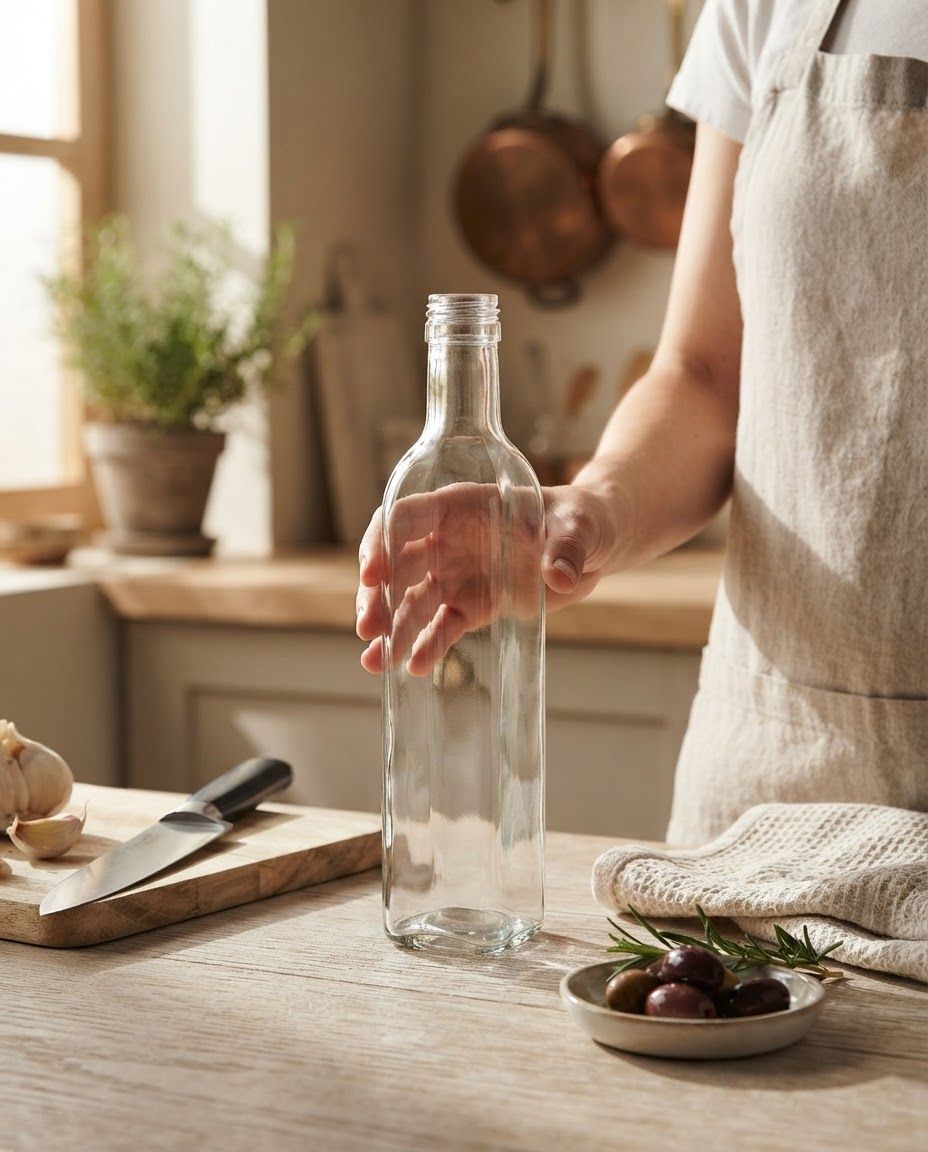 AI Design for Lifestyle product photograph of Marasca Glass Bottle being naturally used in a believable real-world setting. A clear, empty glass Marasca bottle with a tall, slender rectangular body and a narrow, threaded neck. The bottle is shown against a plain white background in a studio setting. Human-scale context, warm natural light, editorial composition, shallow depth of field, product clearly visible and undistorted.