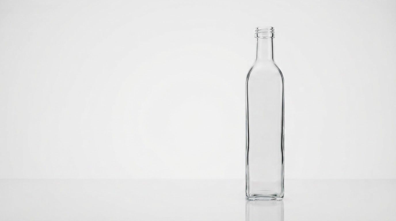 AI Design for Wide campaign hero photograph for Marasca Glass Bottle. A clear, empty glass Marasca bottle with a tall, slender rectangular body and a narrow, threaded neck. The bottle is shown against a plain white background in a studio setting. Premium advertising composition with the product as focal point, cinematic lighting, clean negative space on one side for copy to be added later, no rendered words or logos beyond the reference product.
