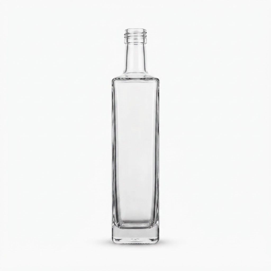 AI Design for High-end studio product photograph of Marasca Glass Bottle. A clear, empty glass Marasca bottle with a tall, slender rectangular body and a narrow, threaded neck. The bottle is shown against a plain white background in a studio setting. Product centered as the clear hero, clean neutral background, controlled softbox lighting, realistic contact shadow, crisp edges, accurate material texture, no readable text added.