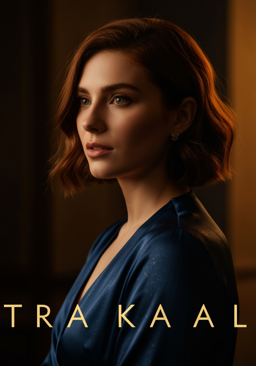AI Design for Editorial portrait-format concept for a brand name with - tra in english and kal in hindi. Tall composition, strong focal subject, cinematic light, rich atmosphere, designed to feel intentional and art-directed.