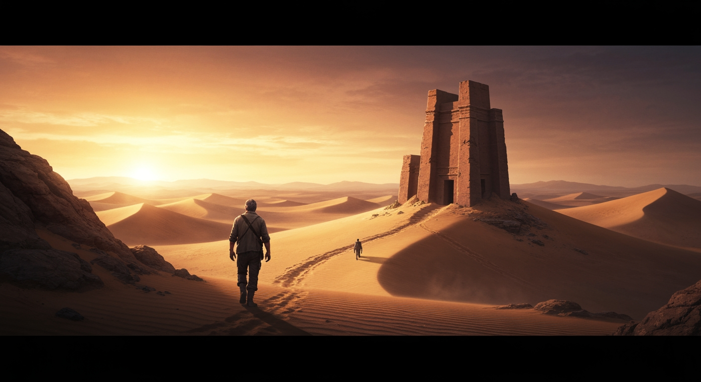 AI Design for Cinematic wide environment concept for a brand name with - tra in english and kal in hindi. Expansive scene, atmospheric depth, clear visual story, strong lighting direction, polished concept-art quality.