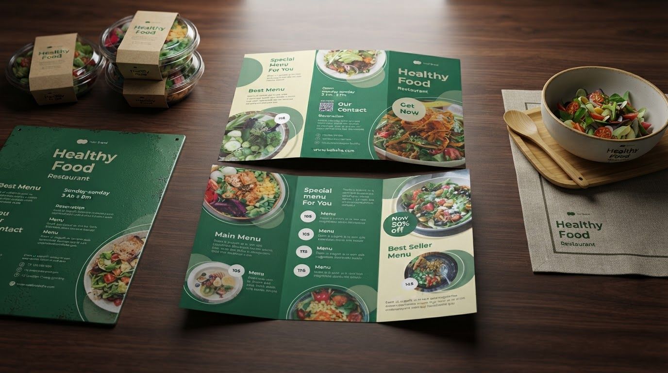 AI Design for Client presentation mockup for brand. Polished scene showing the design direction applied to a realistic surface, screen, poster, or object, premium agency presentation style, no readable placeholder text.
Incorporate the attached brand element reference image (Reference A: brand element "Healthy Food Tri-Fold Menu") into the composition where natural — preserve the depicted brand element's appearance.