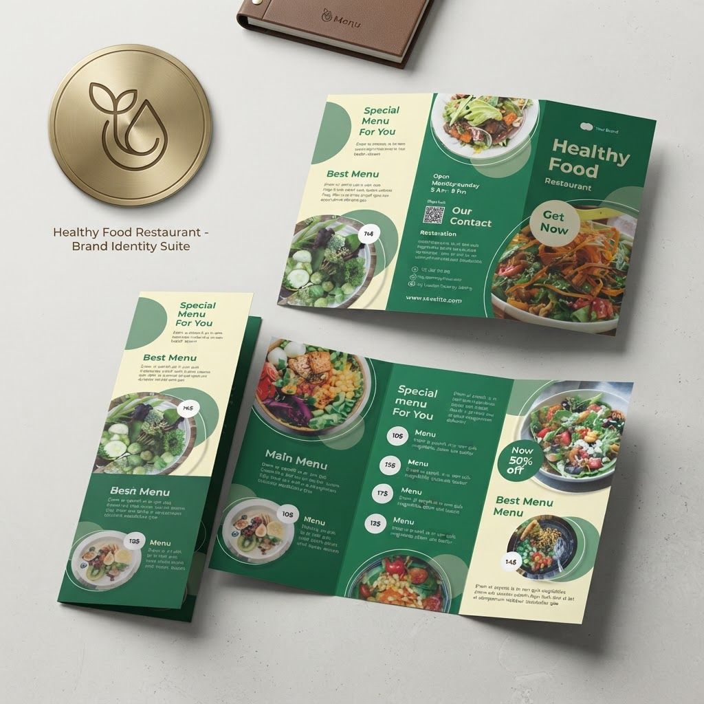 AI Design for Premium logo presentation mockup concept for Create a sophisticated, health-focused tri-fold menu layout that balances vibrant food photography with a clean, dark-to-light green color palette to emphasize fresh, organic dining options.. Logo or brand mark displayed on a clean neutral surface with subtle depth, refined shadow, precise alignment, elegant design-studio presentation, no extra readable text.
Incorporate the attached brand element reference image (Reference A: brand element "Healthy Food Tri-Fold Menu") into the composition where natural — preserve the depicted brand element's appearance.